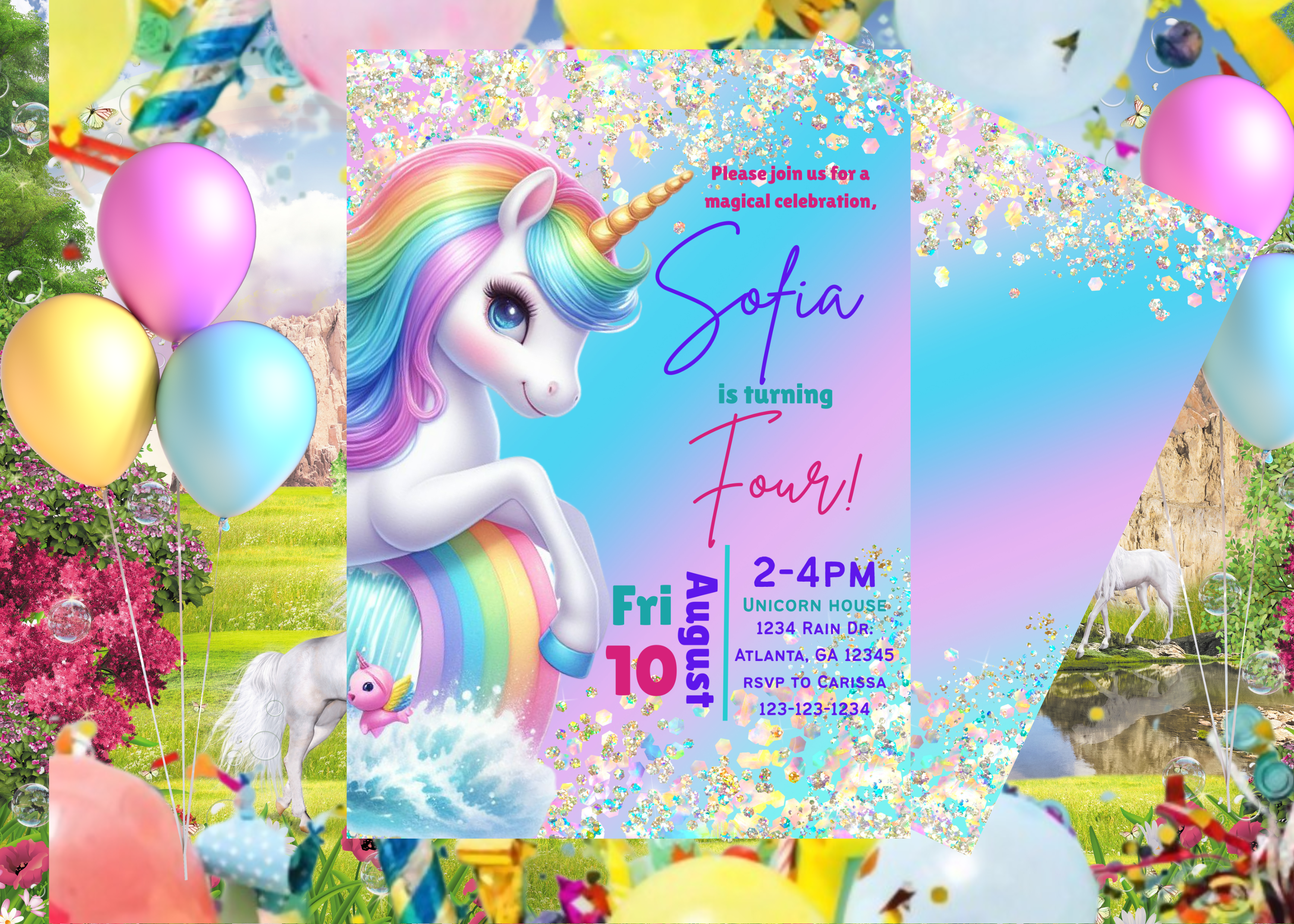 Unicorn Birthday Invitation | Pastel Rainbow Party Invite | Sparkle Design | Downloadable Printable Canva Template for Girls