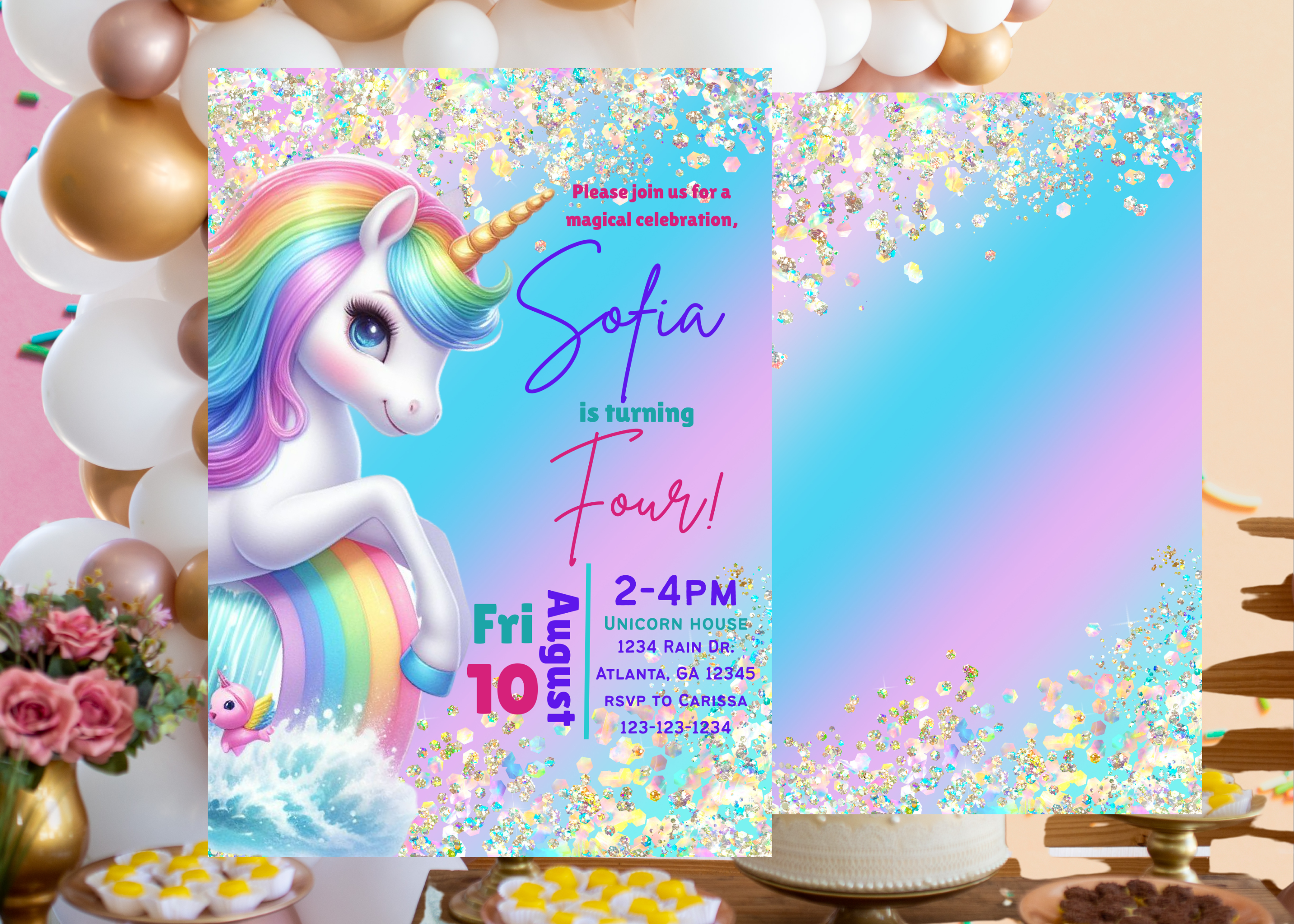 Unicorn Birthday Invitation | Pastel Rainbow Party Invite | Sparkle Design | Downloadable Printable Canva Template for Girls