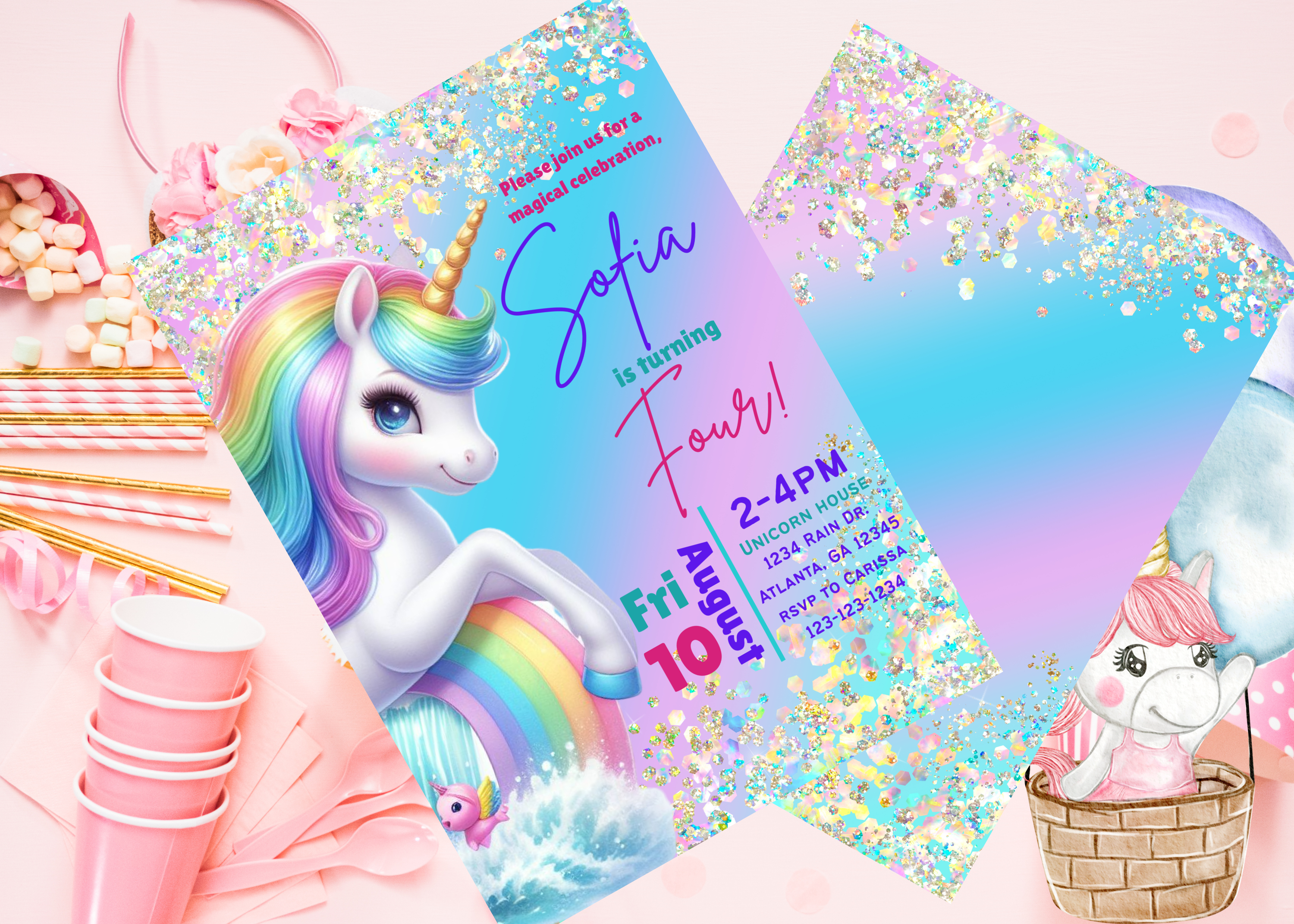Unicorn Birthday Invitation | Pastel Rainbow Party Invite | Sparkle Design | Downloadable Printable Canva Template for Girls