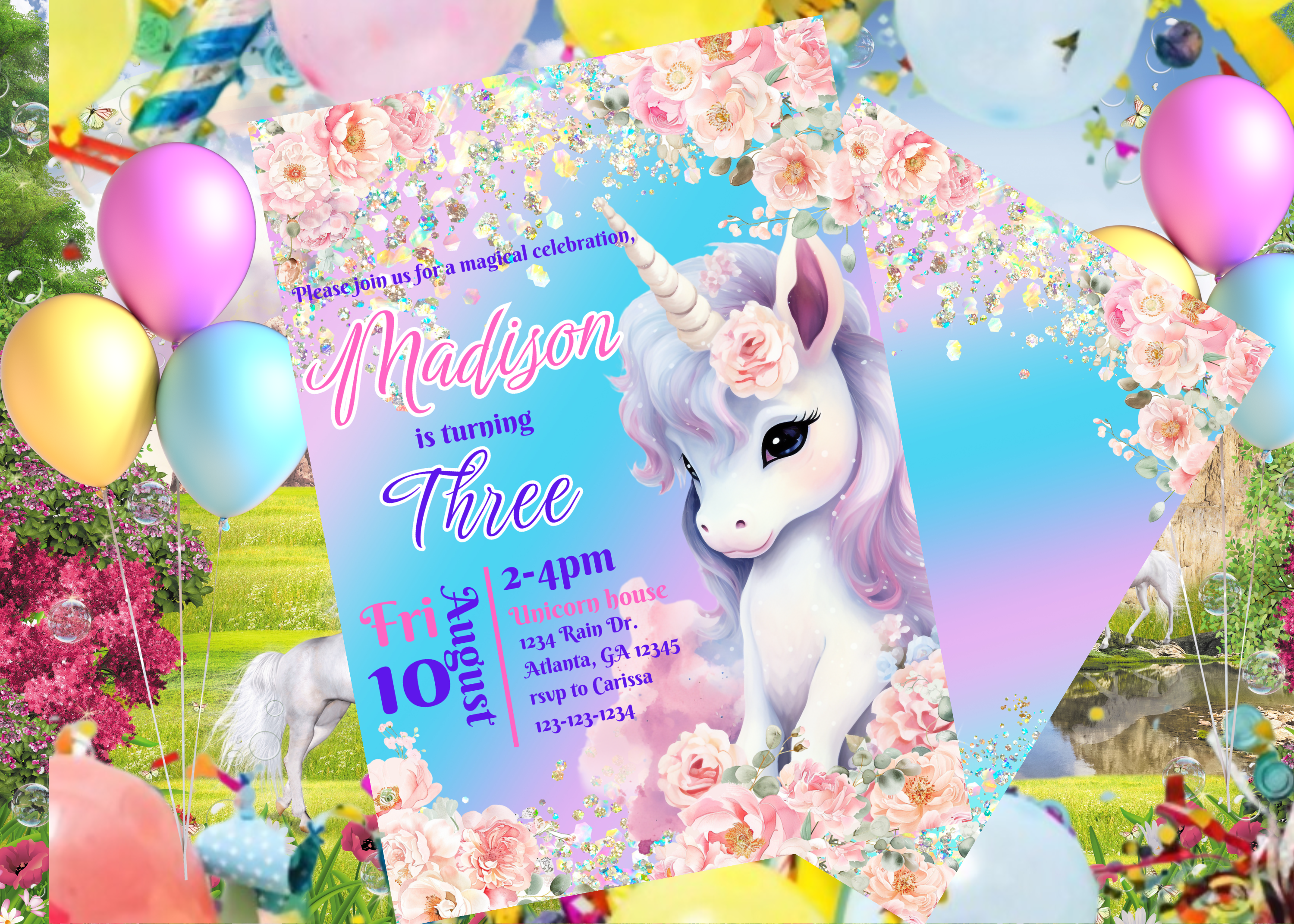 Unicorn Birthday Invitation | Digital Download | Rose & Pastel Rainbow Unicorn Theme Party Invite