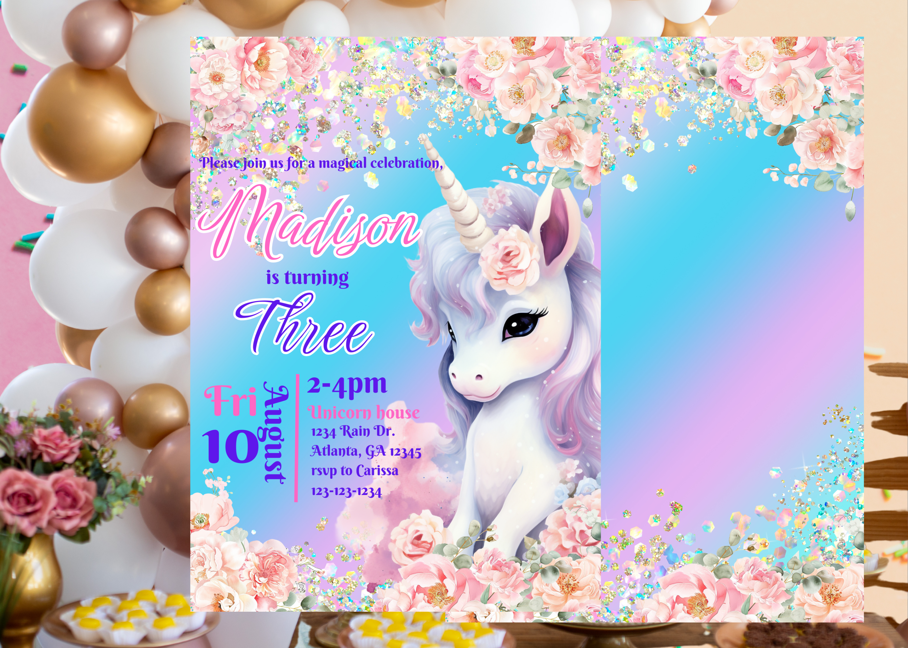 Unicorn Birthday Invitation | Digital Download | Rose & Pastel Rainbow Unicorn Theme Party Invite