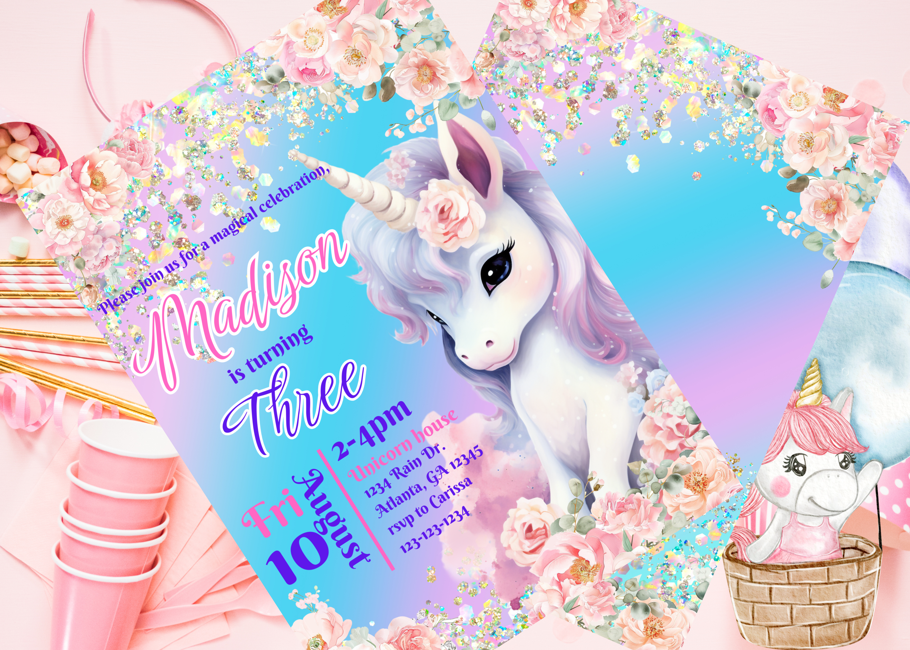 Unicorn Birthday Invitation | Digital Download | Rose & Pastel Rainbow Unicorn Theme Party Invite