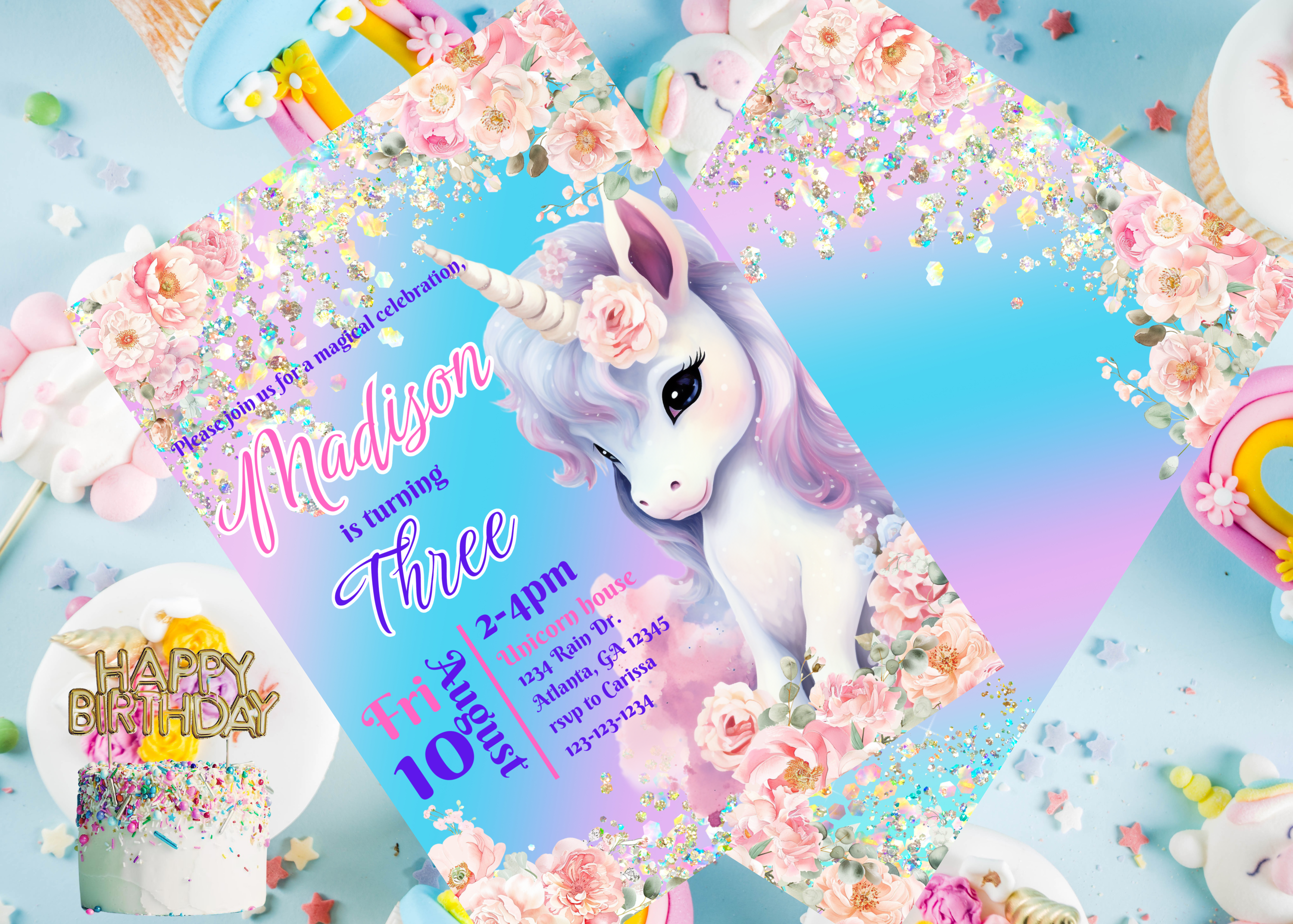 Unicorn Birthday Invitation | Digital Download | Rose & Pastel Rainbow Unicorn Theme Party Invite