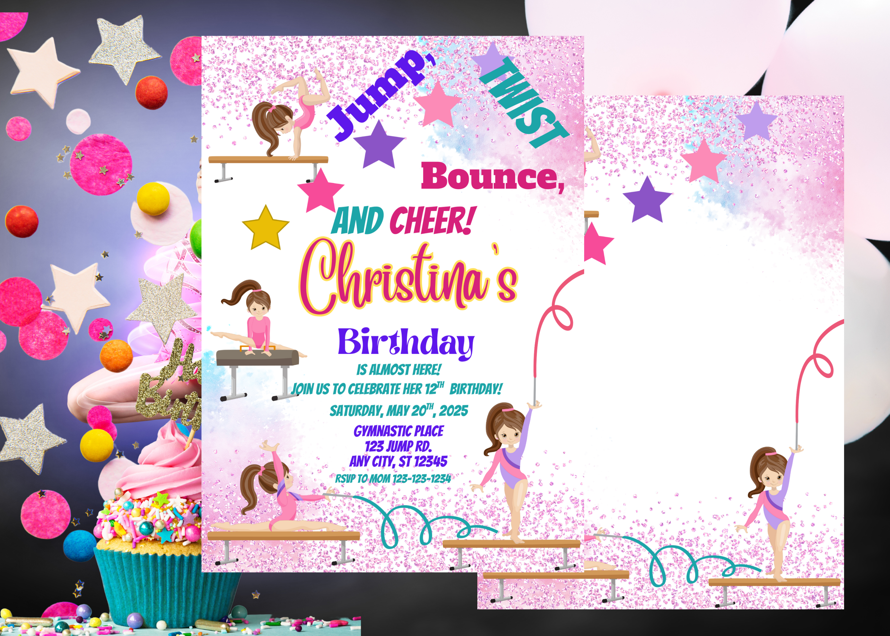 Gymnastics Birthday Invitation | EDITABLE Gymnastics Party Invite Template | Instant Download | Pastel Gymnasts Birthday | Canva Digital Invite