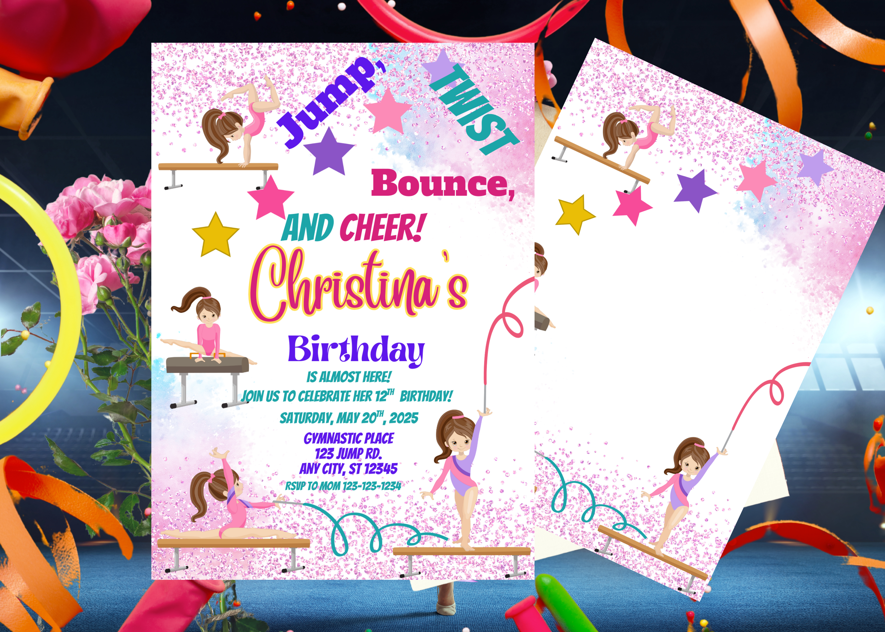  Gymnastics Birthday Invitation | EDITABLE Gymnastics Party Invite Template | Instant Download | Pastel Gymnasts Birthday | Canva Digital Invite
