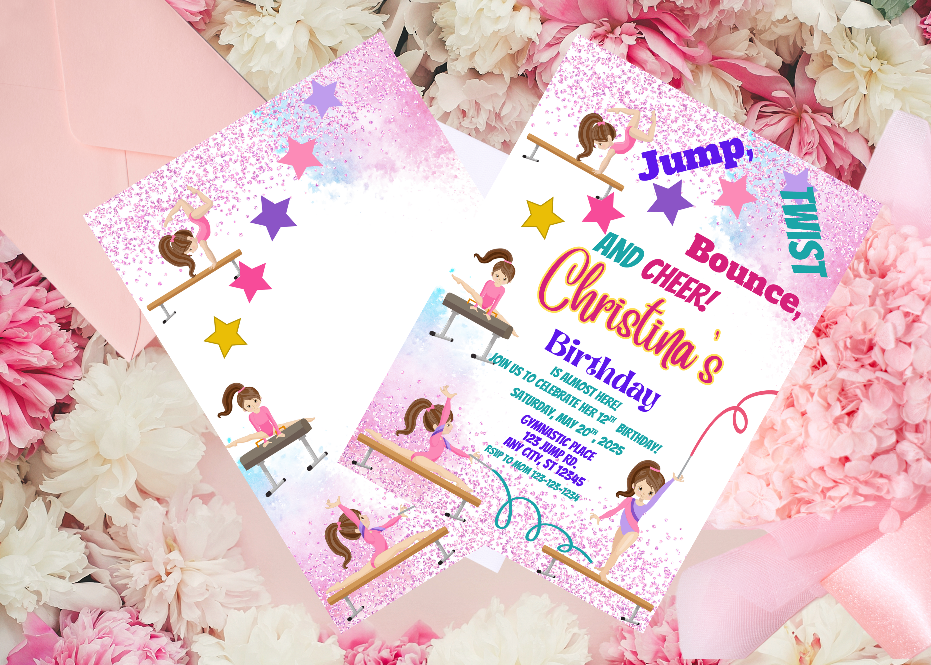  Gymnastics Birthday Invitation | EDITABLE Gymnastics Party Invite Template | Instant Download | Pastel Gymnasts Birthday | Canva Digital Invite