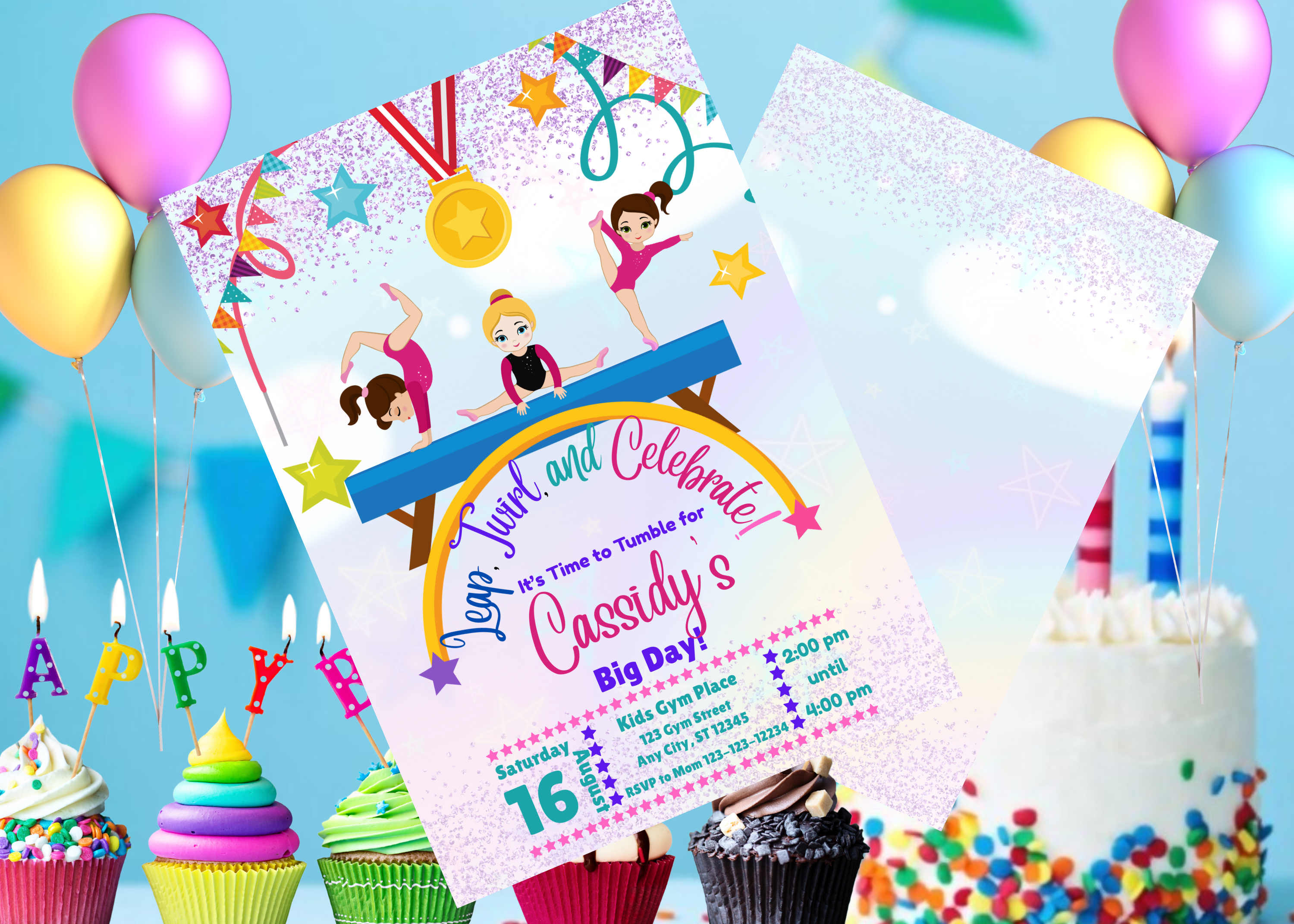 Gymnastics Birthday Invitation Template | Pastel Gymnast Party Invite | Instant Download Canva Digital Invite | Gymnastics Party Printable