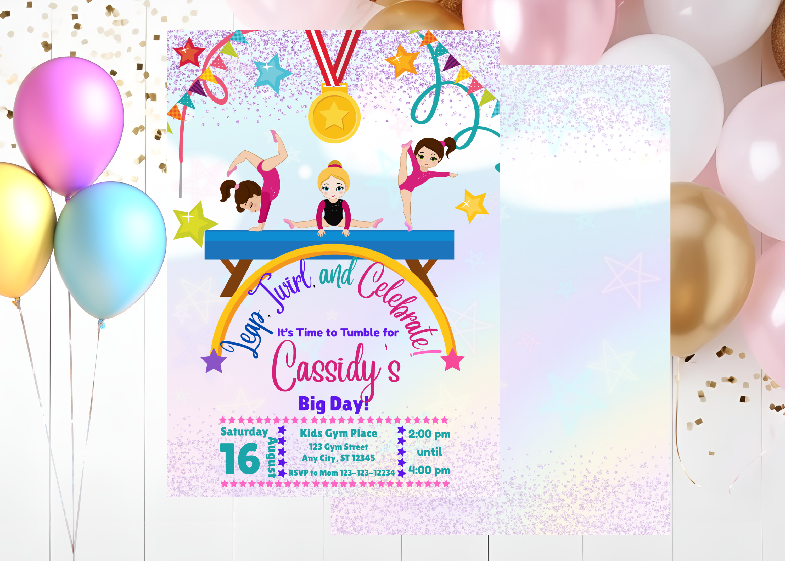 Gymnastics Birthday Invitation Template | Pastel Gymnast Party Invite | Instant Download Canva Digital Invite | Gymnastics Party Printable