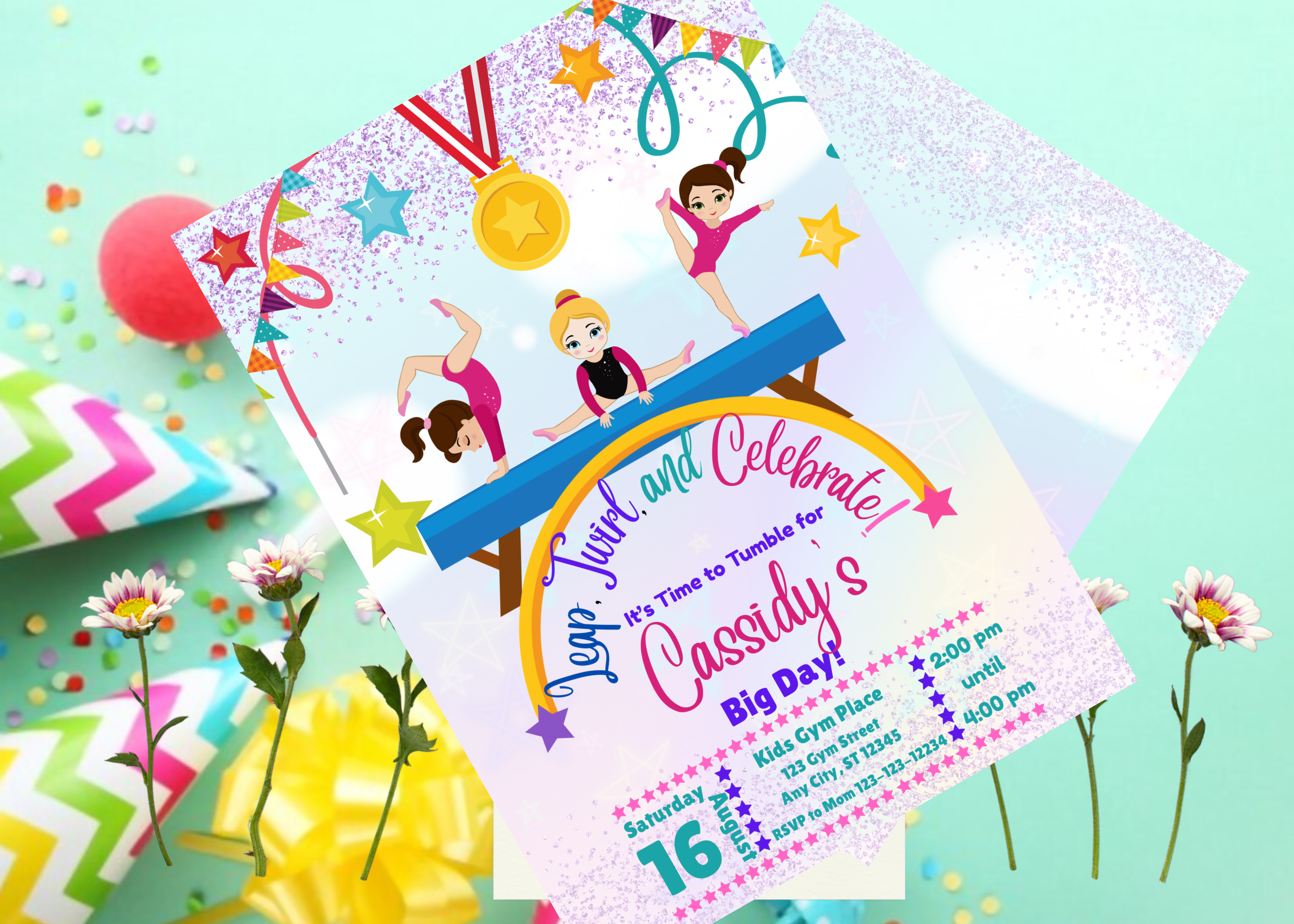 Gymnastics Birthday Invitation Template | Pastel Gymnast Party Invite | Instant Download Canva Digital Invite | Gymnastics Party Printable