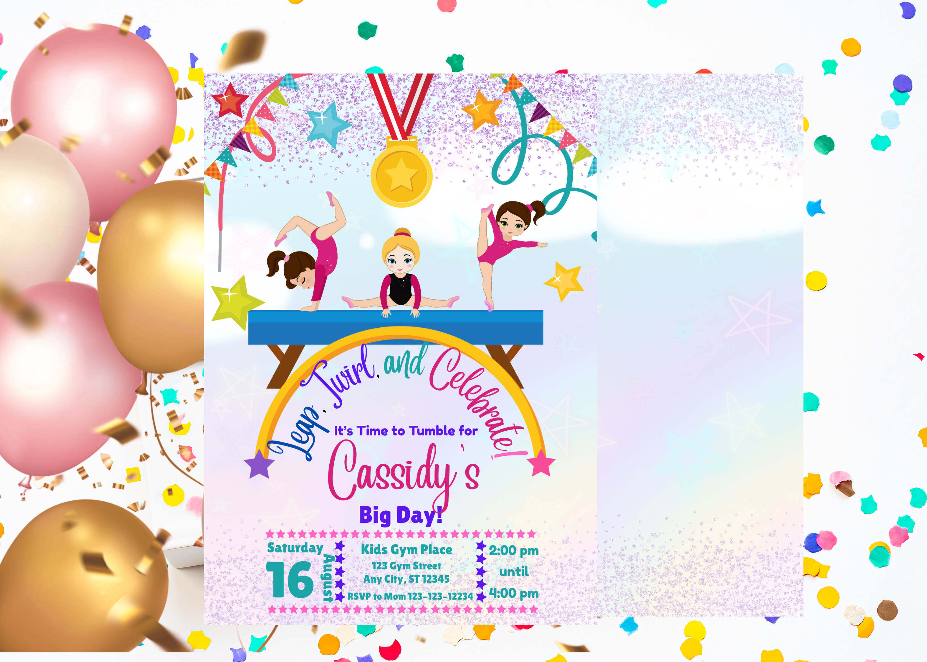 Gymnastics Birthday Invitation Template | Pastel Gymnast Party Invite | Instant Download Canva Digital Invite | Gymnastics Party Printable