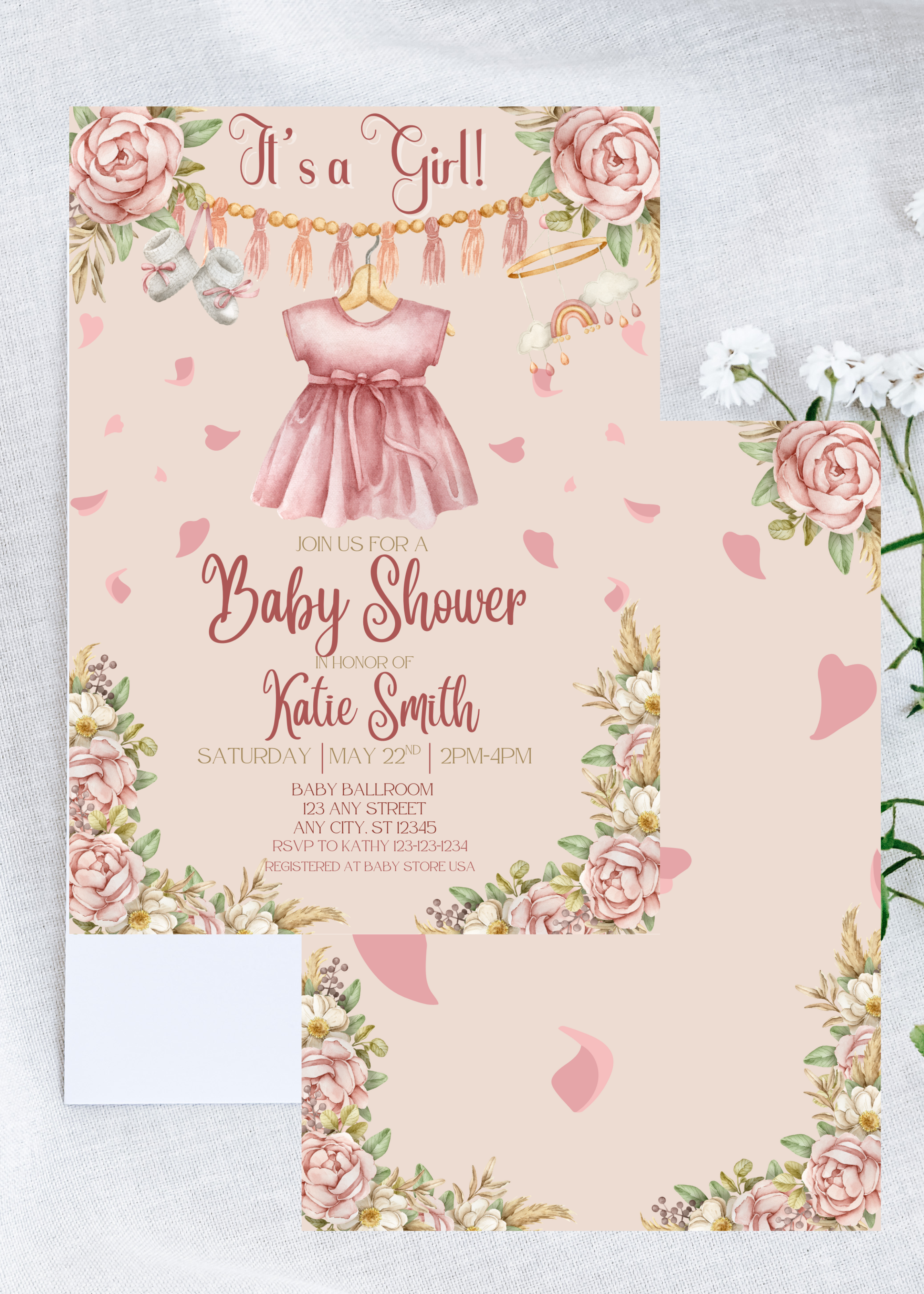 Pink It's a Girl Baby Shower Invitation Boho Dress Printable Editable Template Digital Download Party Invite