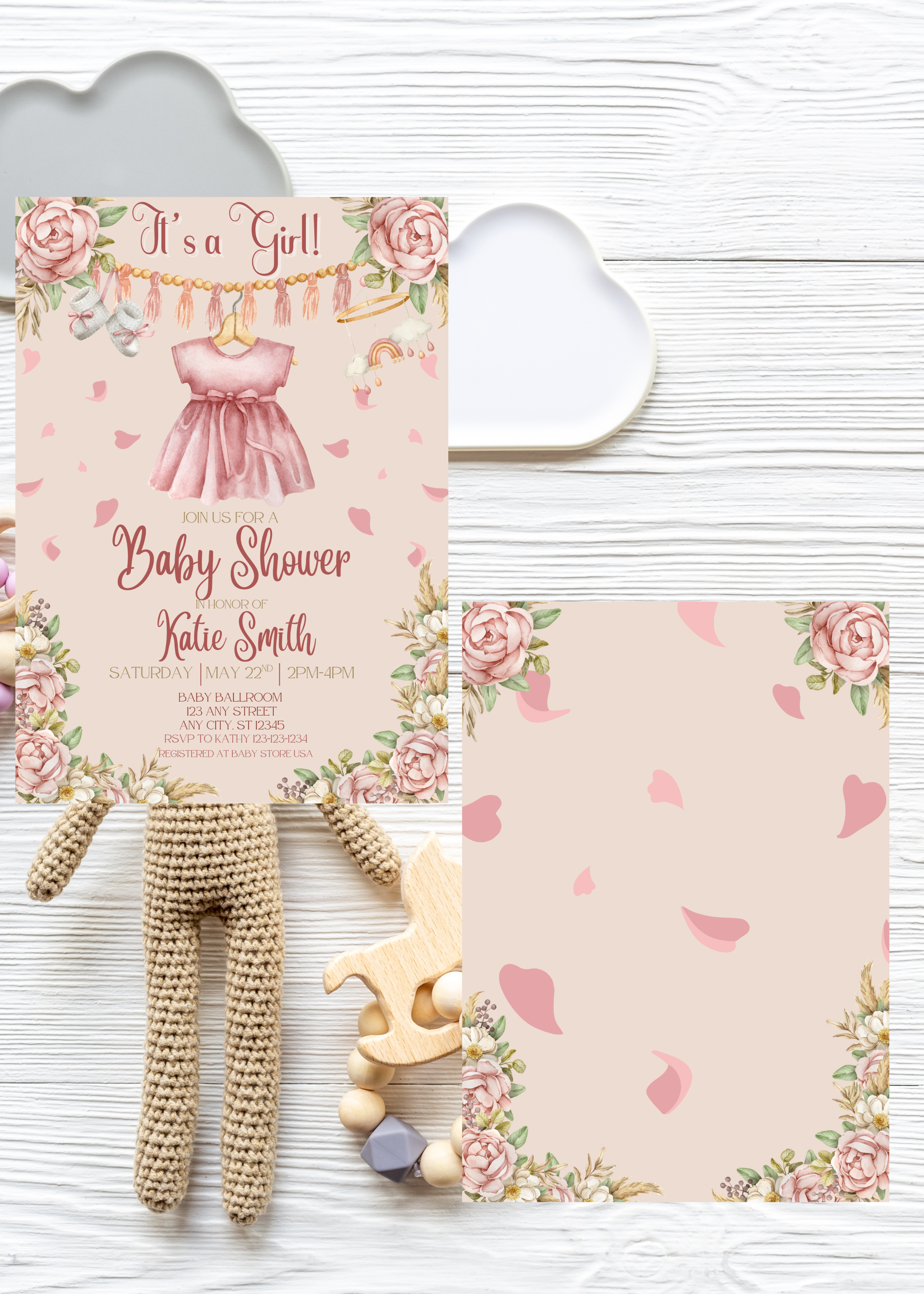 Pink It's a Girl Baby Shower Invitation Boho Dress Printable Editable Template Digital Download Party Invite