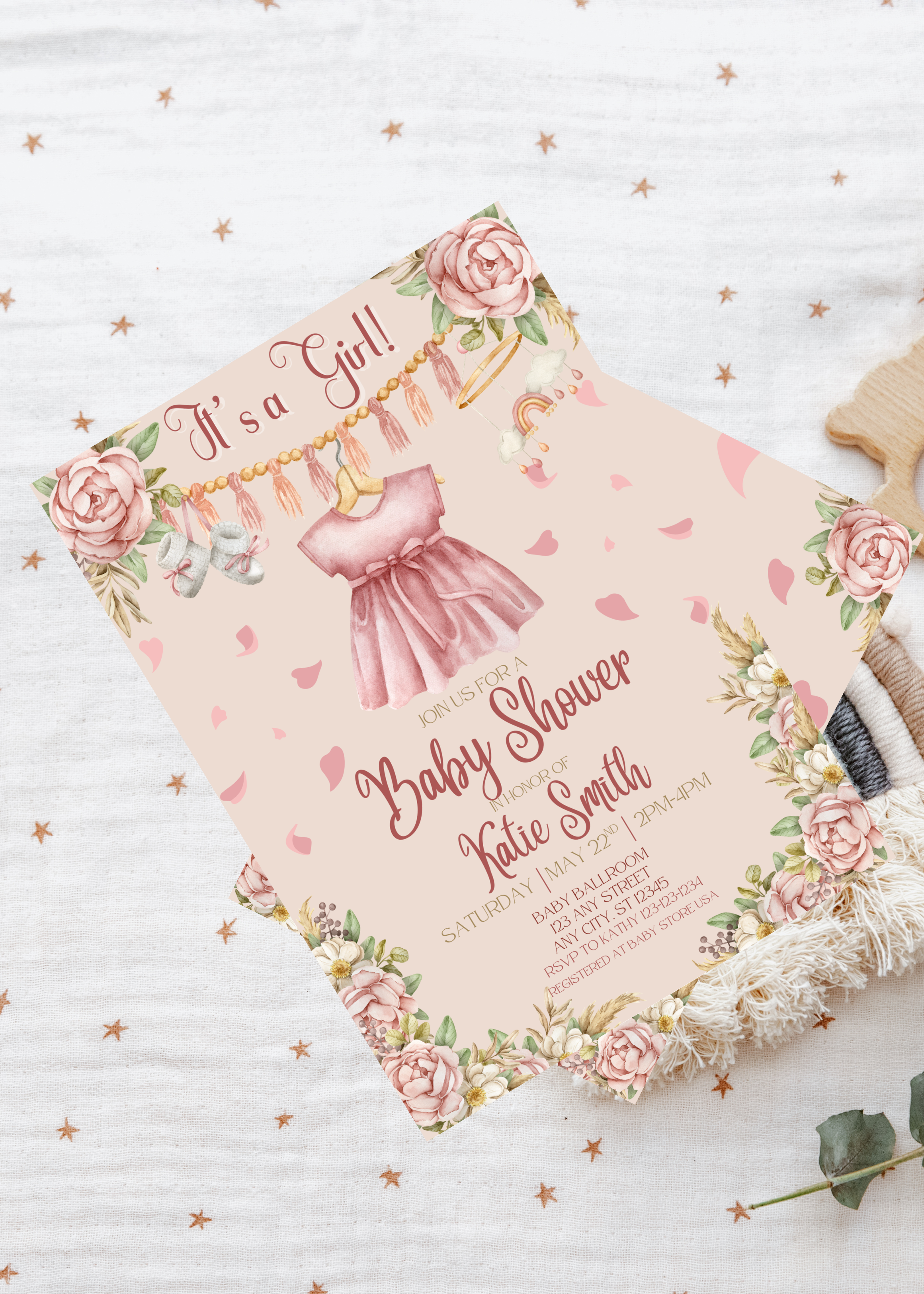 Pink It's a Girl Baby Shower Invitation Boho Dress Printable Editable Template Digital Download Party Invite