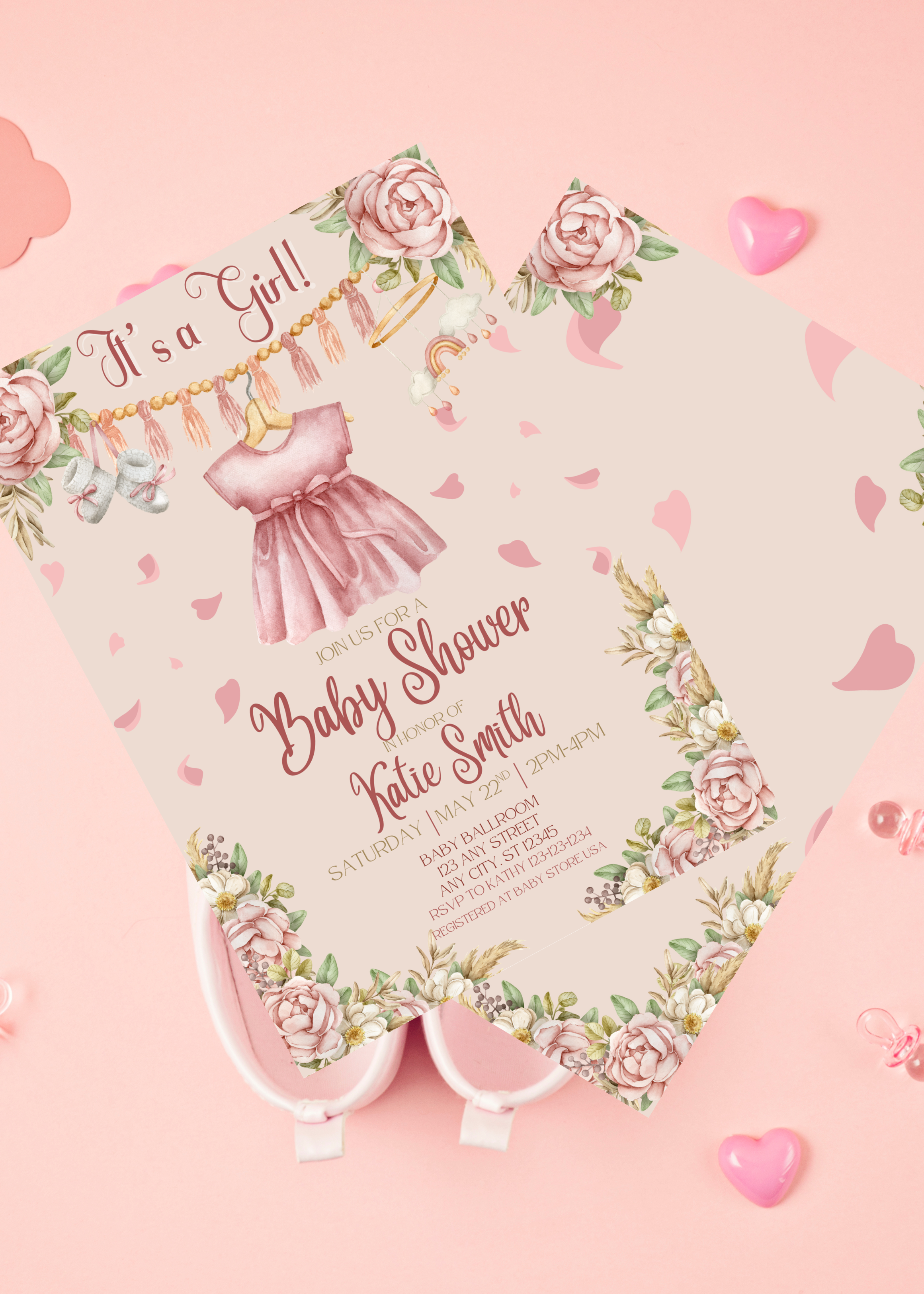 Pink It's a Girl Baby Shower Invitation Boho Dress Printable Editable Template Digital Download Party Invite