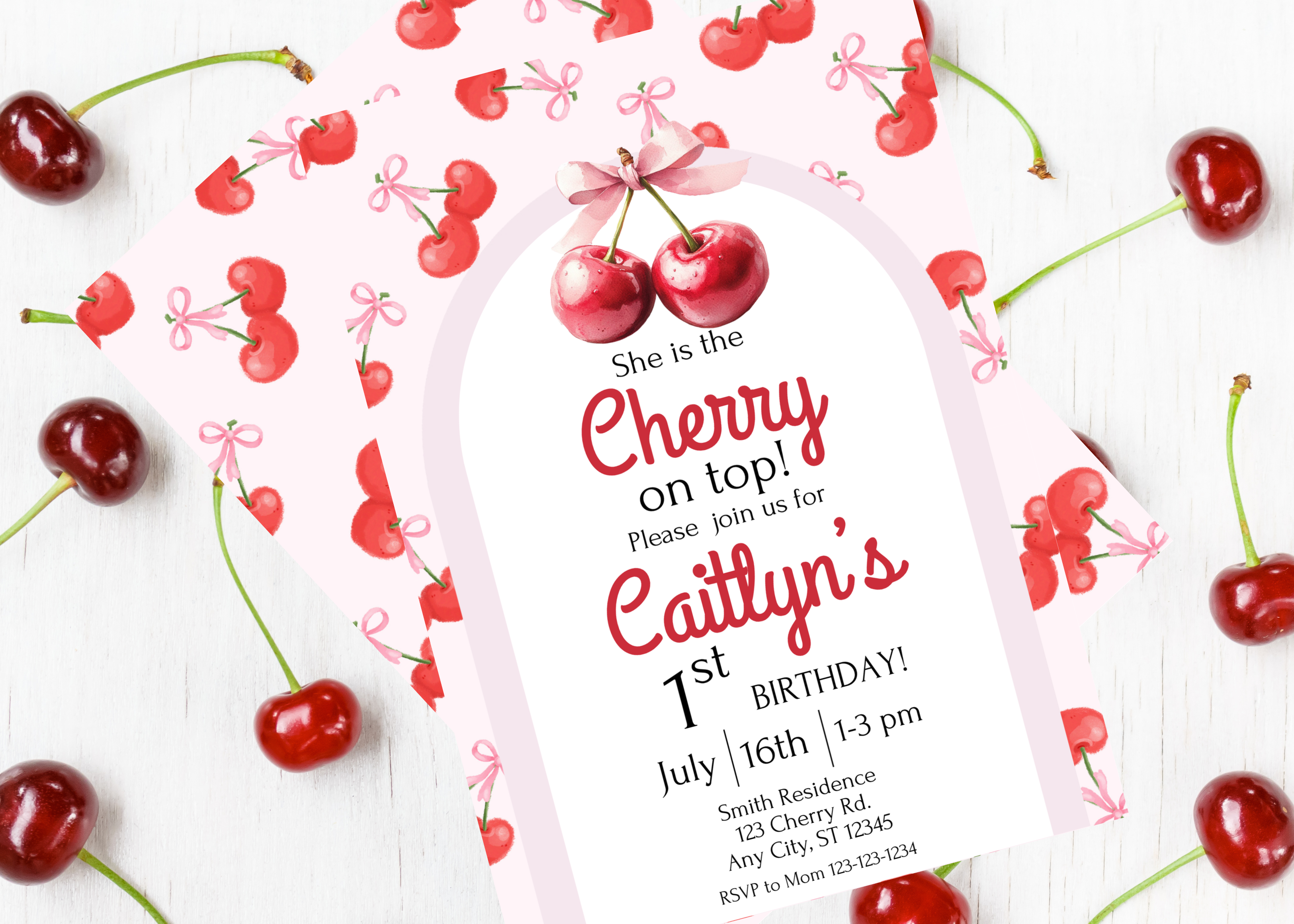 Cherry First Birthday Invitation Editable Template, Girl 1st Birthday Party Invite, Instant Download