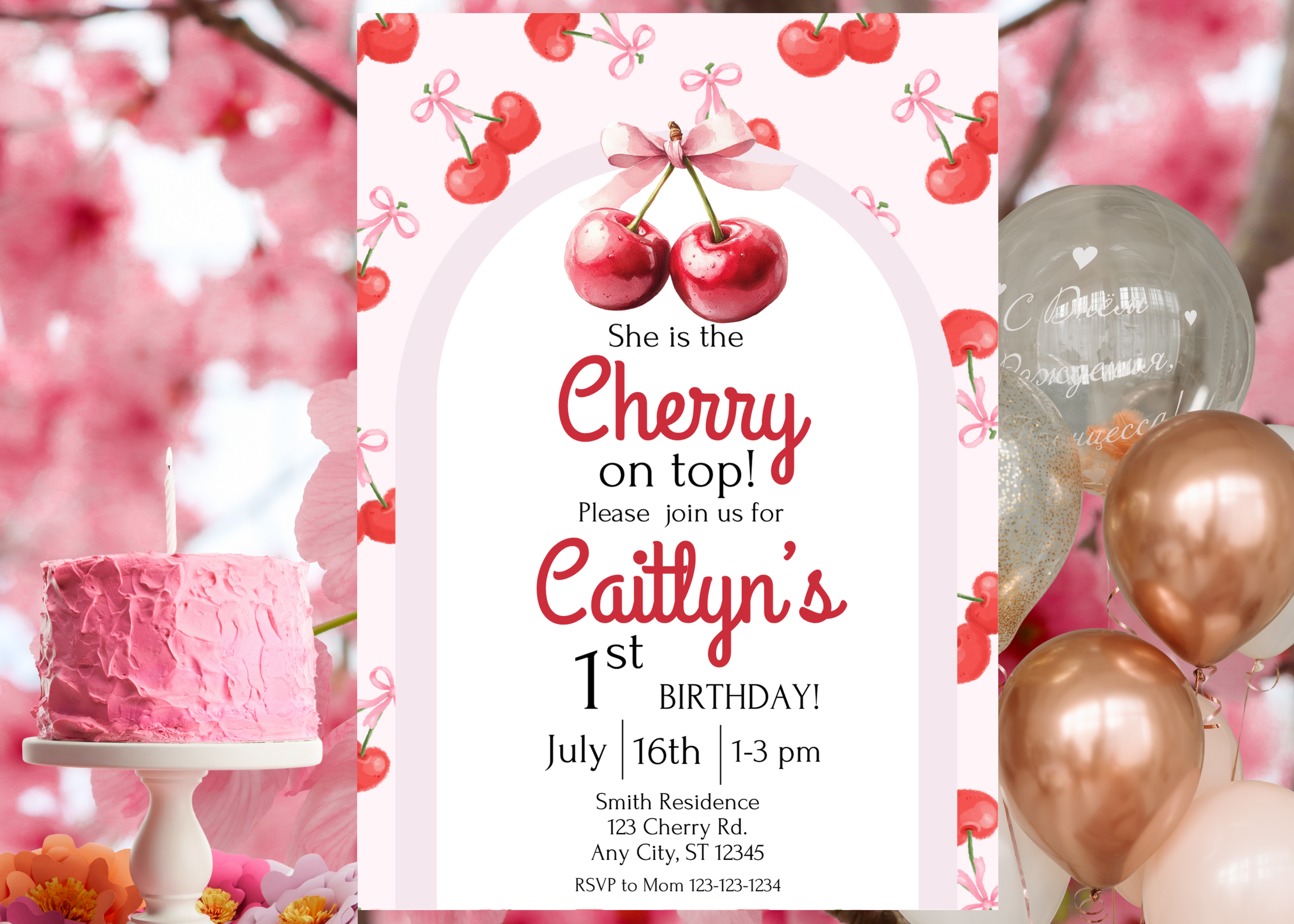 Cherry First Birthday Invitation Editable Template, Girl 1st Birthday Party Invite, Instant Download