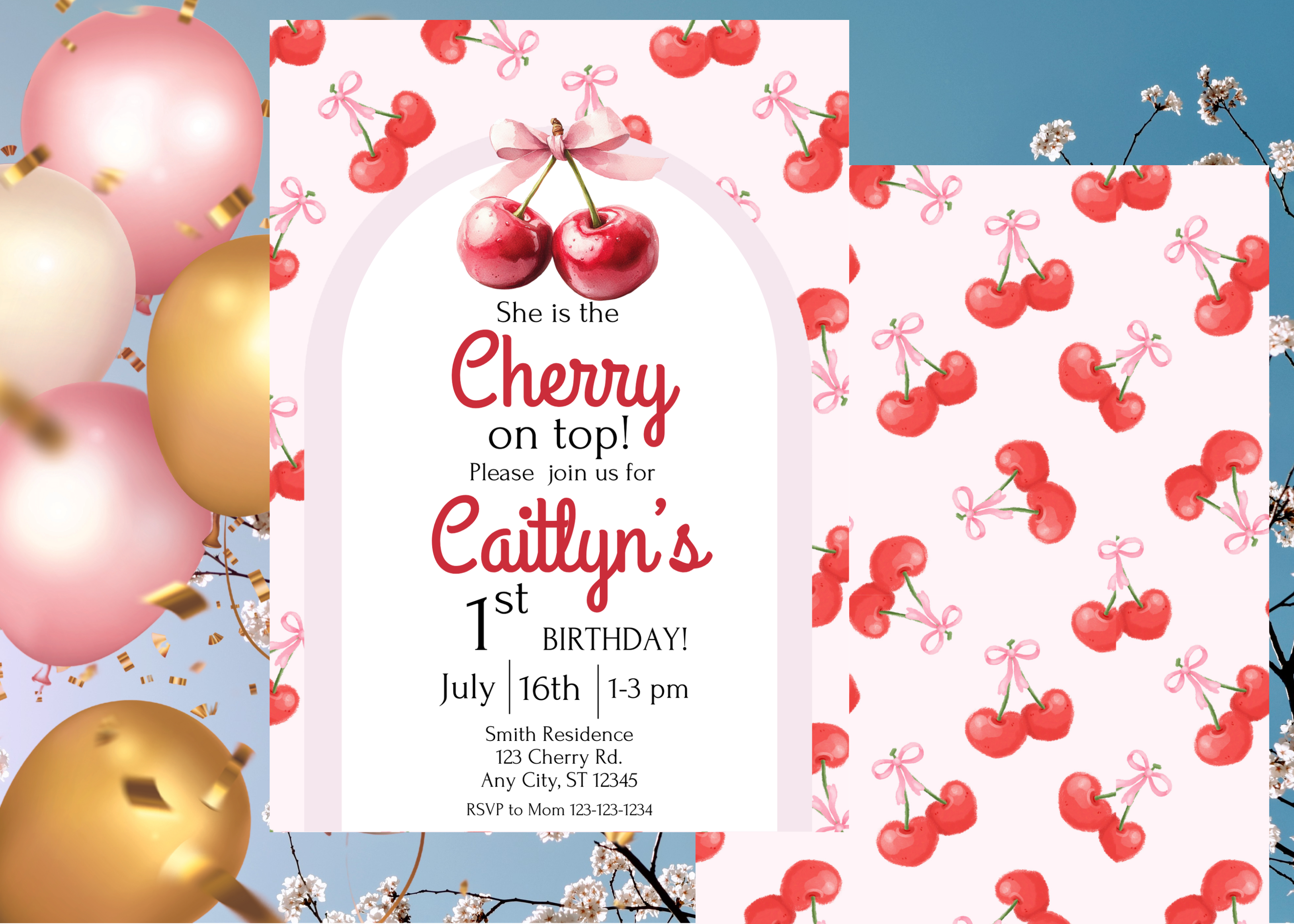 Cherry First Birthday Invitation Editable Template, Girl 1st Birthday Party Invite, Instant Download