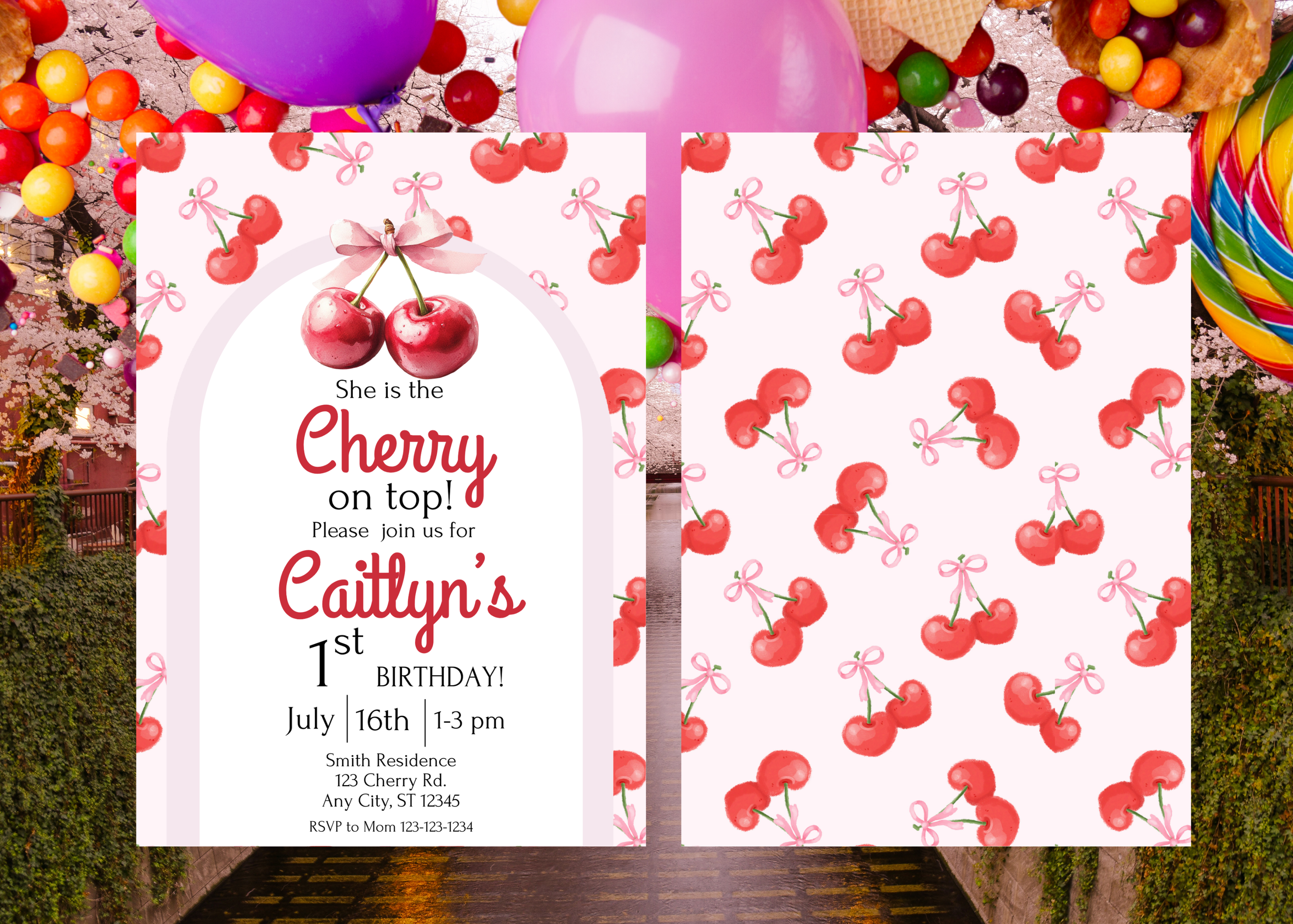 Cherry First Birthday Invitation Editable Template, Girl 1st Birthday Party Invite, Instant Download