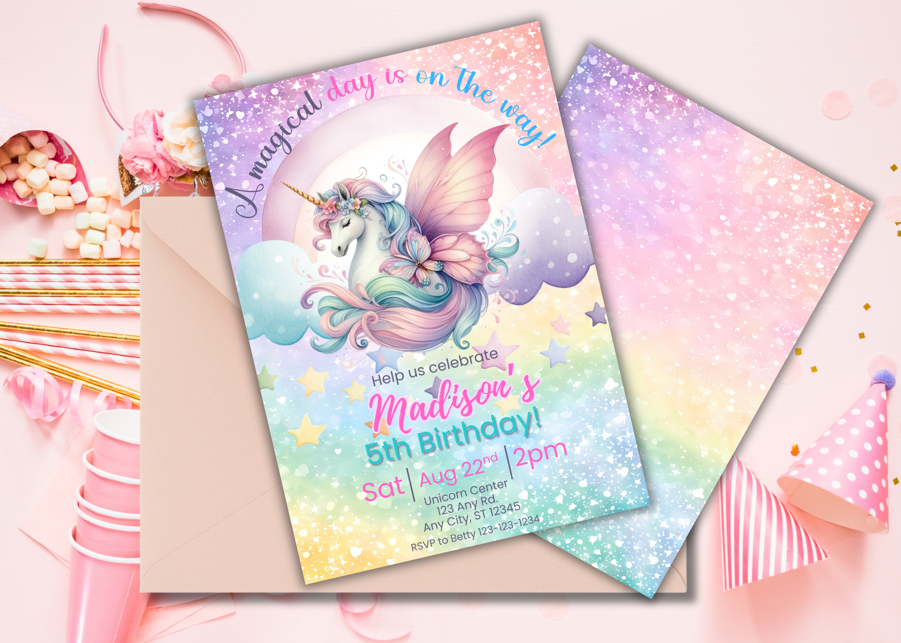 Pastel Unicorn Birthday Invitation | Girl Rainbow Party Invite | Digital 2-Page Front & Back Birthday Download