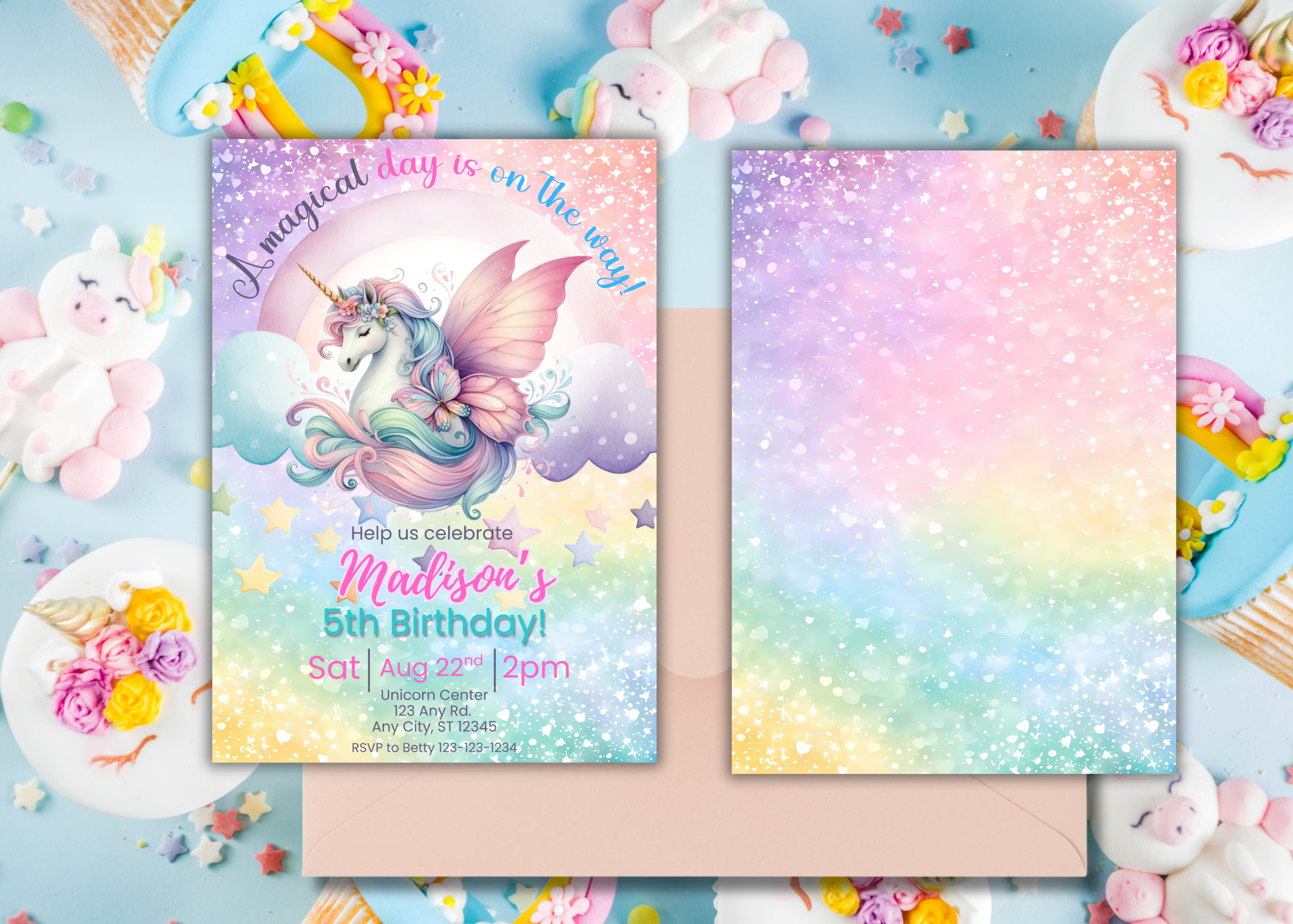 Pastel Unicorn Birthday Invitation | Girl Rainbow Party Invite | Digital 2-Page Front & Back Birthday Download