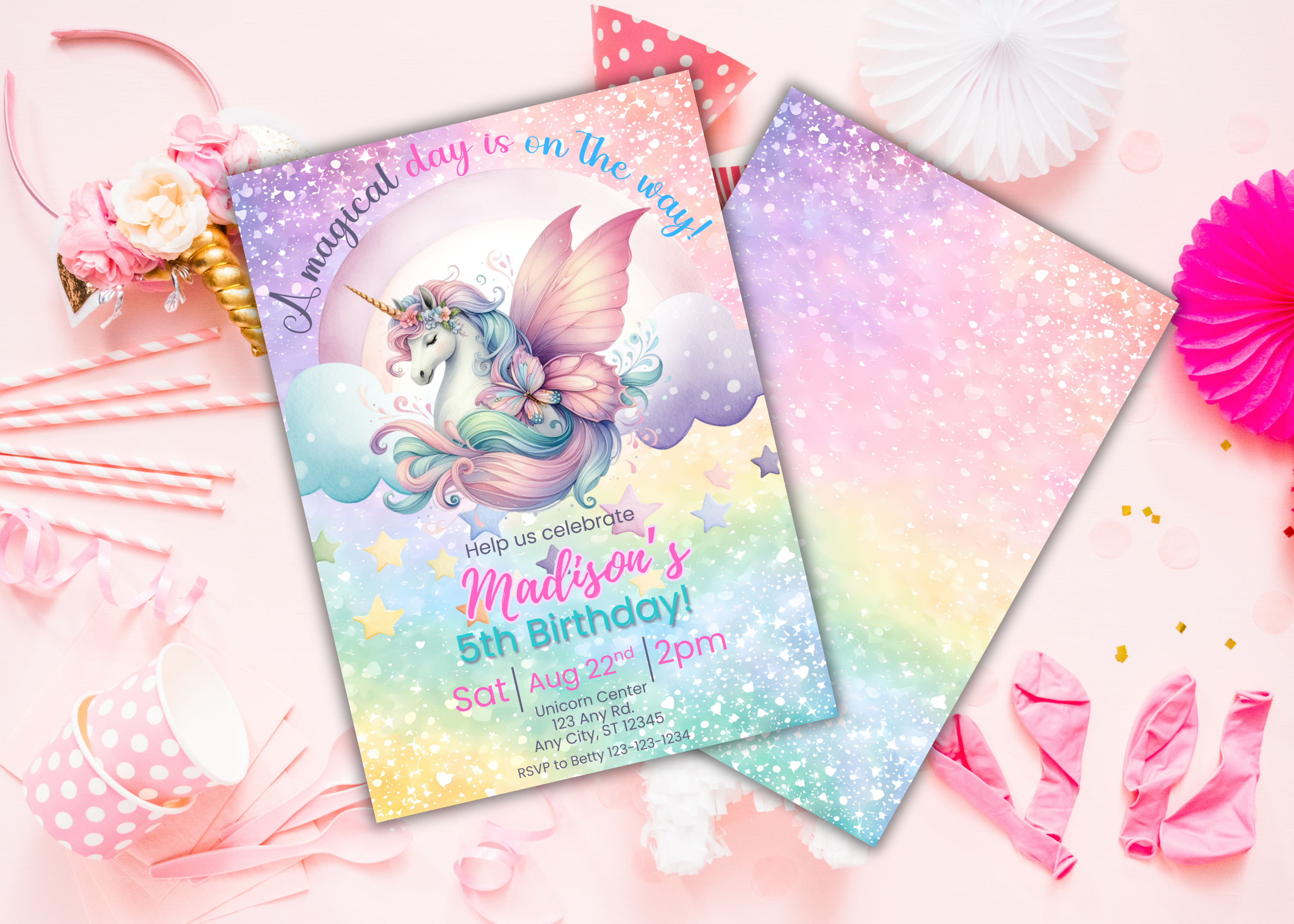 Pastel Unicorn Birthday Invitation | Girl Rainbow Party Invite | Digital 2-Page Front & Back Birthday Download