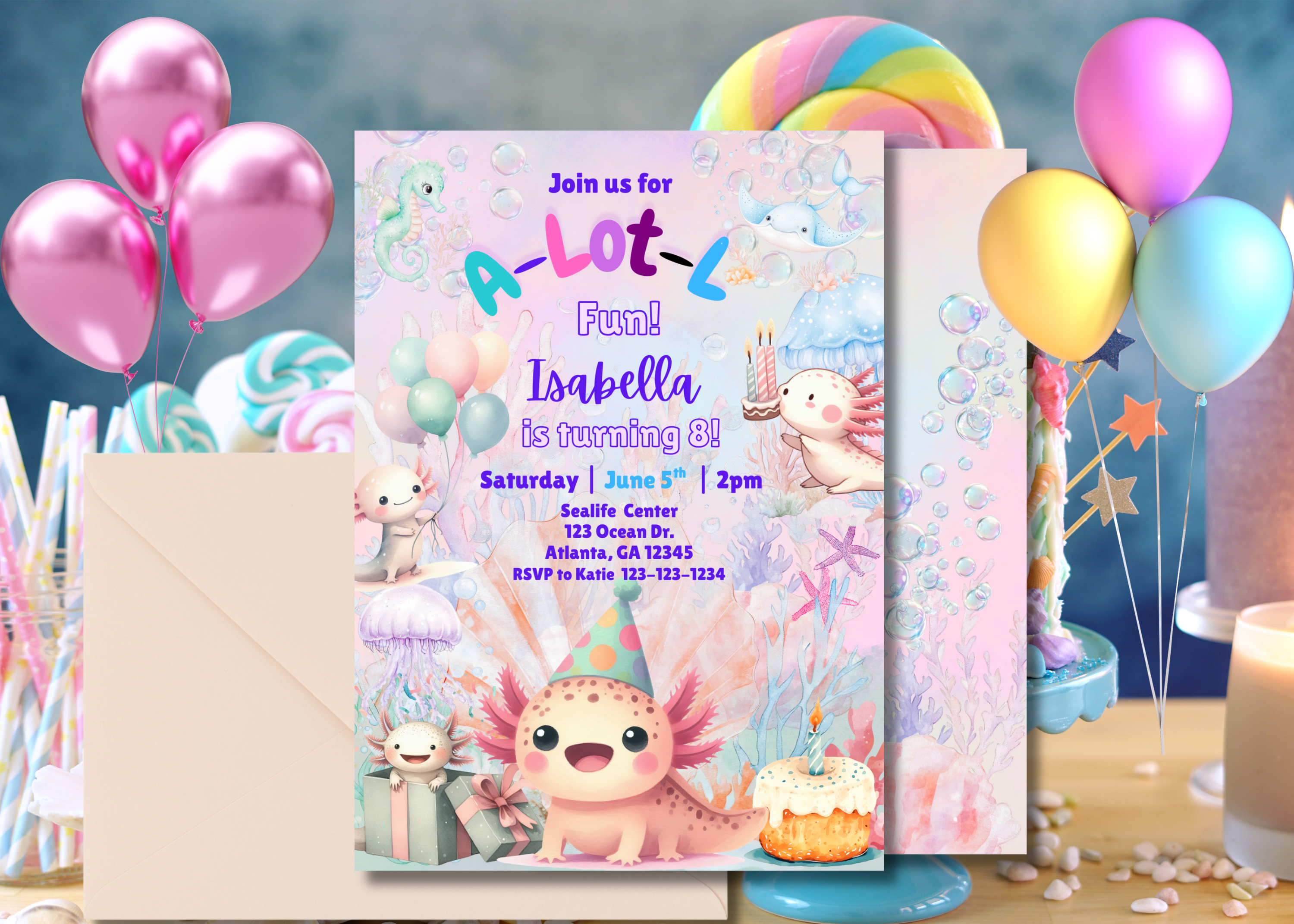 Axolotl Birthday Invitation Digital Download | Editable 2-Page Under the Sea Party Invite | Cute Watercolor Axolotl Sea Creature Template