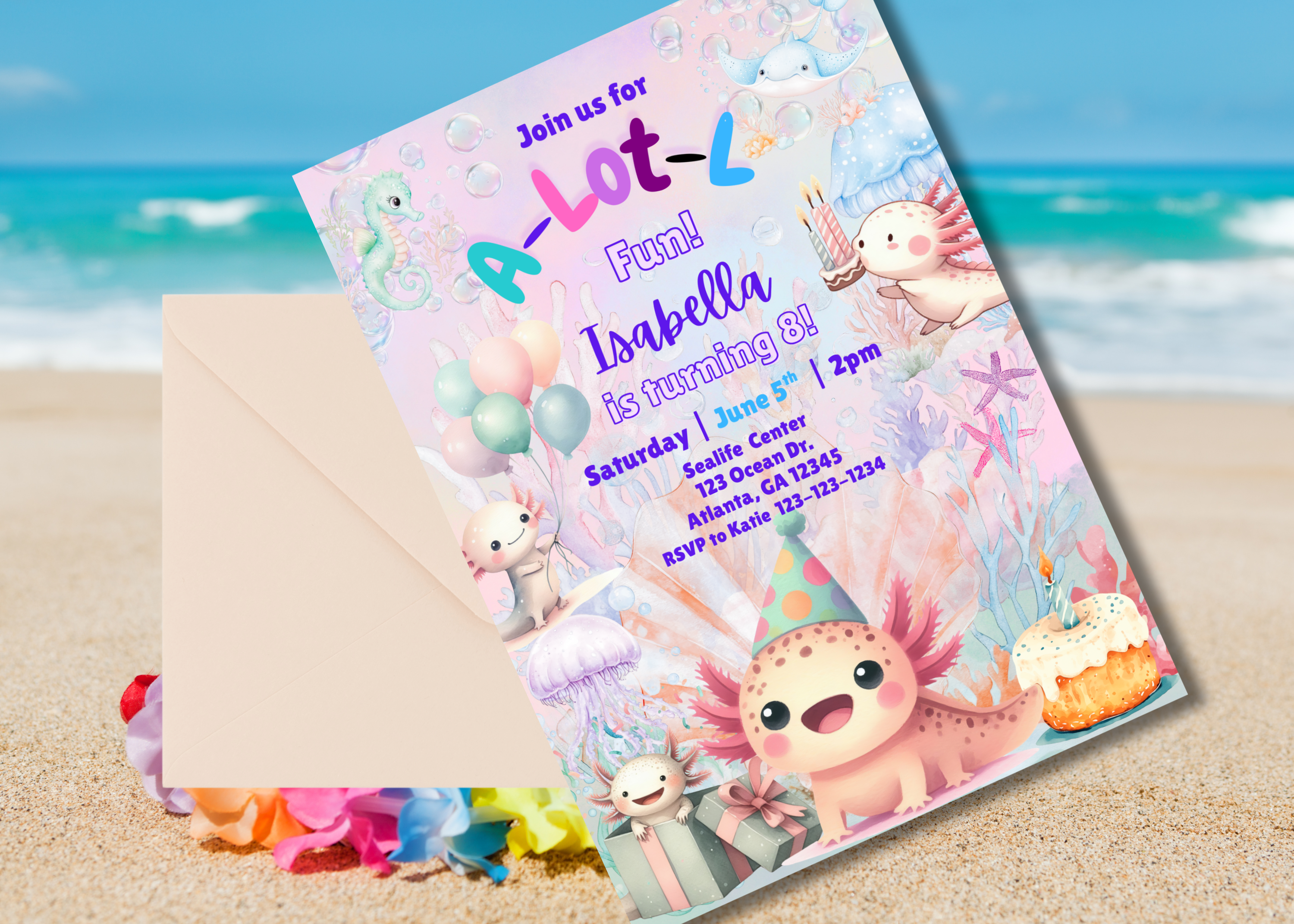 Axolotl Birthday Invitation Digital Download | Editable 2-Page Under the Sea Party Invite | Cute Watercolor Axolotl Sea Creature Template