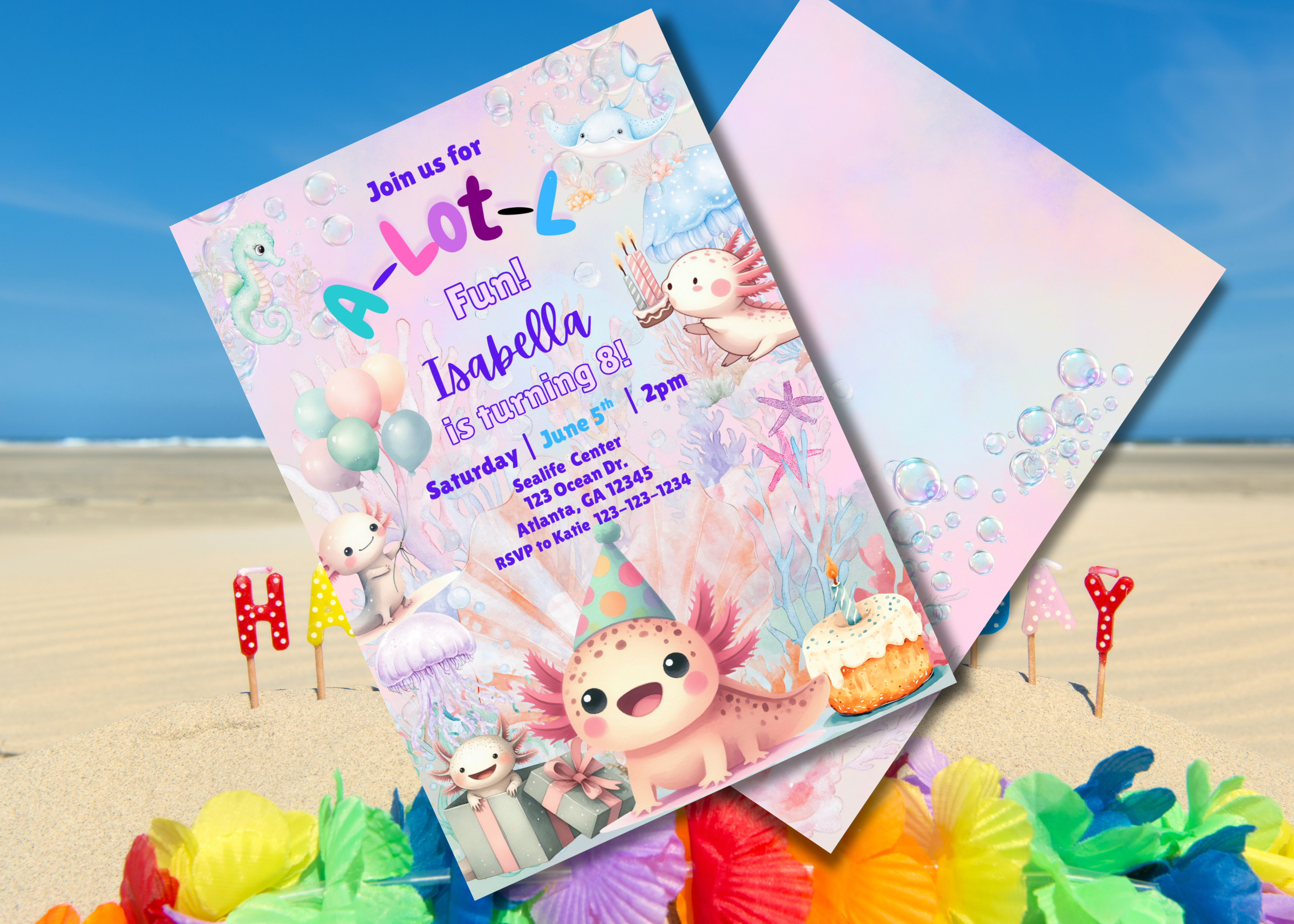 Axolotl Birthday Invitation Digital Download | Editable 2-Page Under the Sea Party Invite | Cute Watercolor Axolotl Sea Creature Template