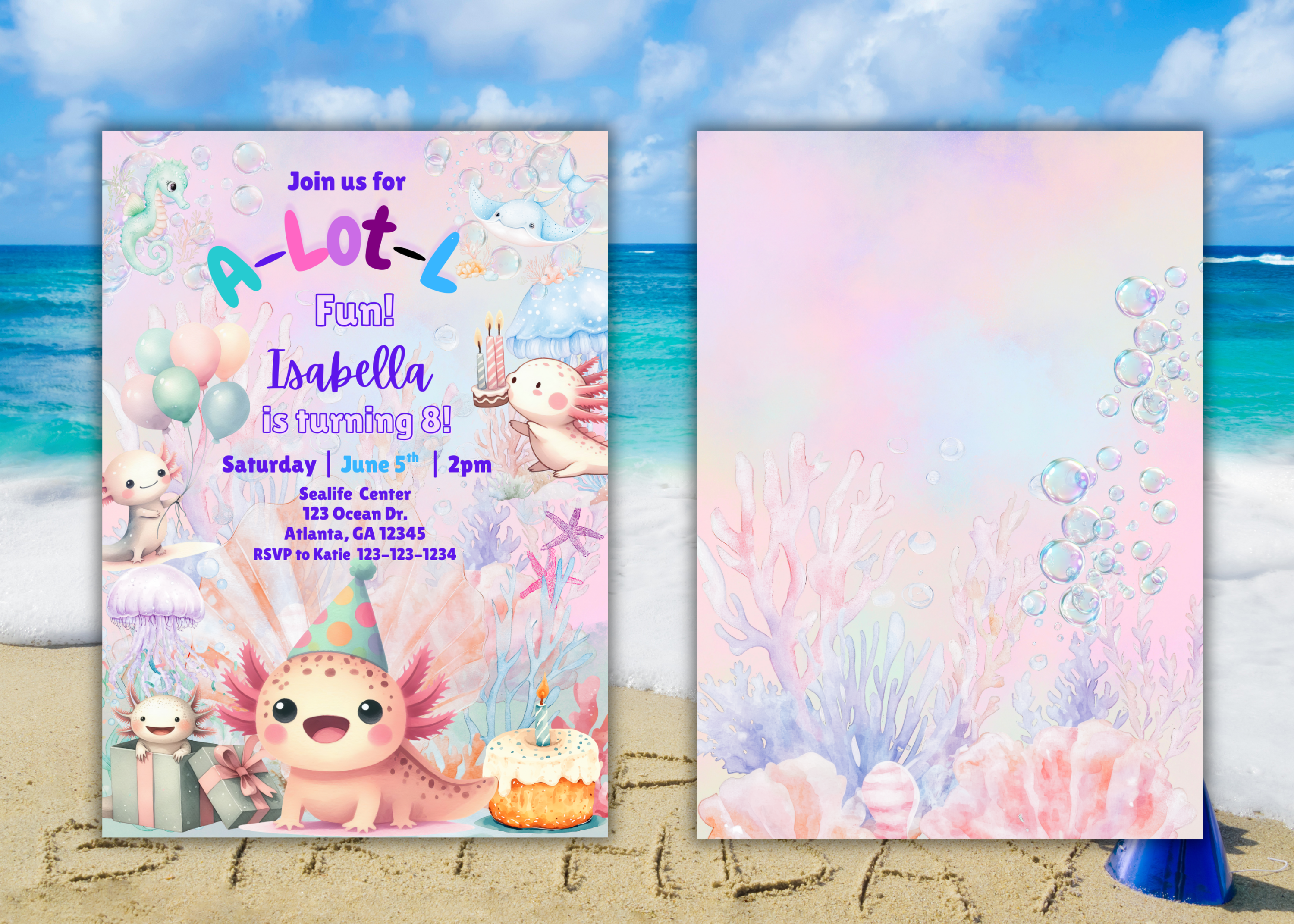 Axolotl Birthday Invitation Digital Download | Editable 2-Page Under the Sea Party Invite | Cute Watercolor Axolotl Sea Creature Template