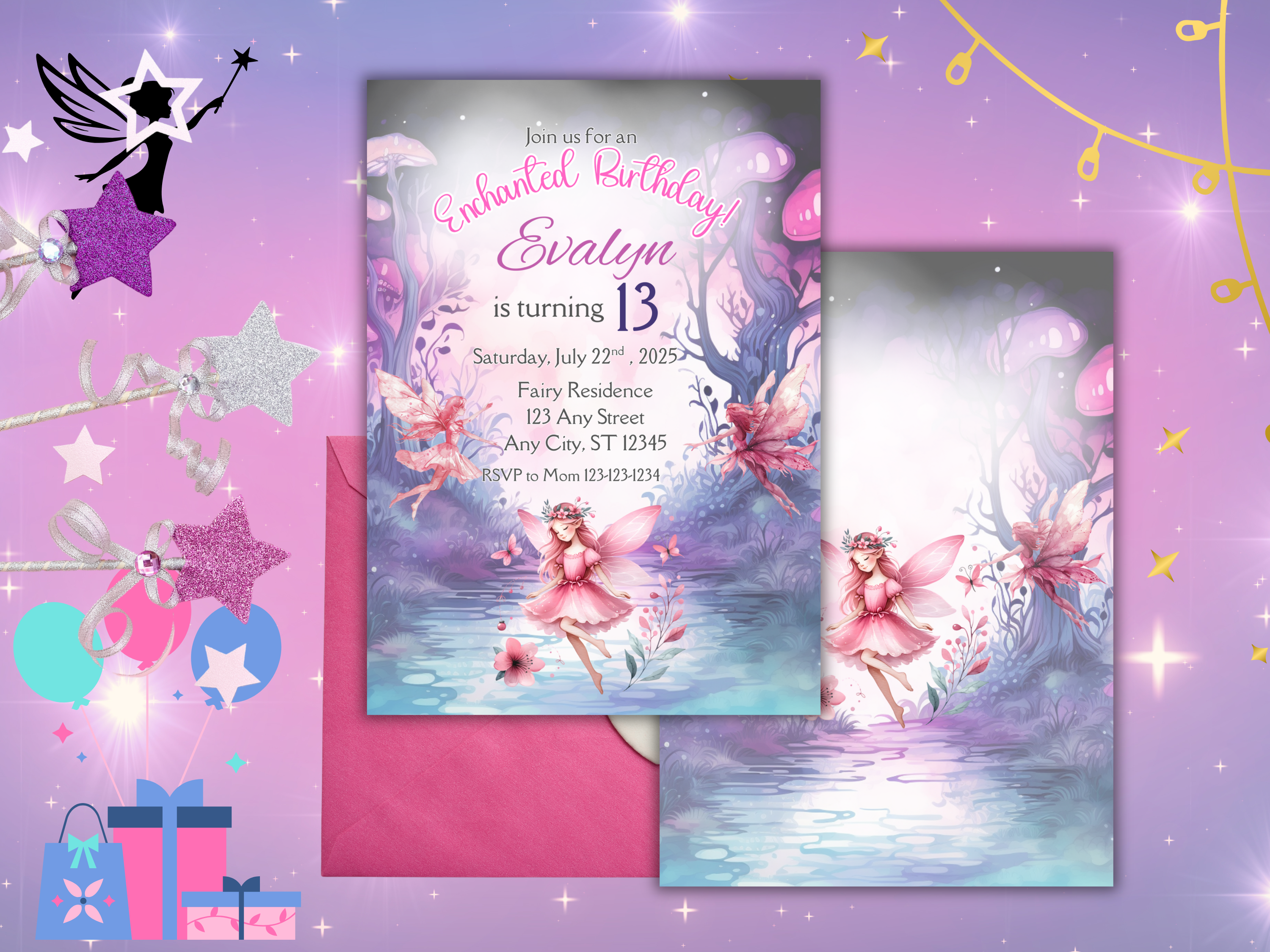Fairy Birthday Invitation Template for Girls, Editable Canva Invite, Mystical Fairy Woods, Pink & Purple Fairies, 2 Page Instant Download