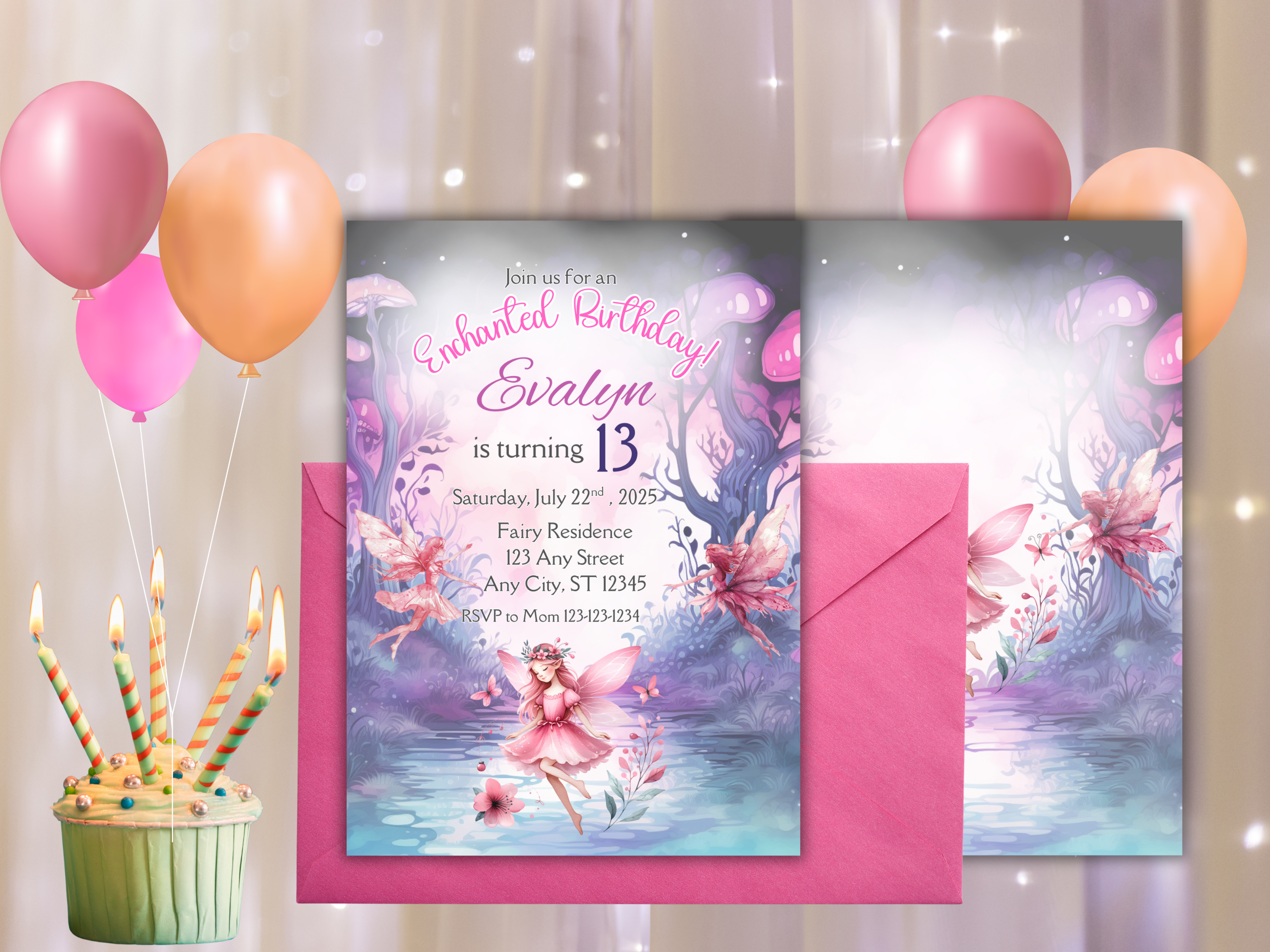 Fairy Birthday Invitation Template for Girls, Editable Canva Invite, Mystical Fairy Woods, Pink & Purple Fairies, 2 Page Instant Download
