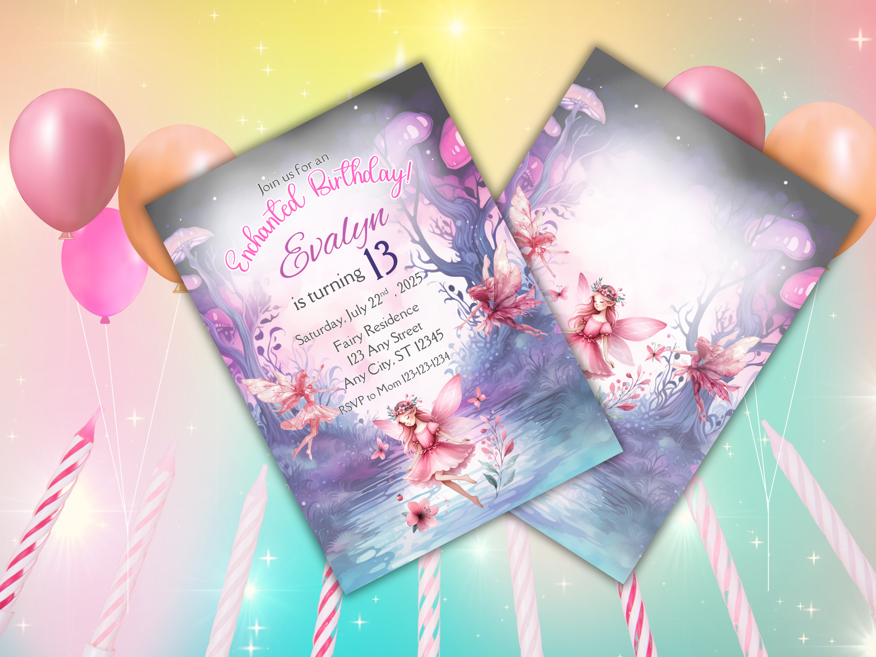 Fairy Birthday Invitation Template for Girls, Editable Canva Invite, Mystical Fairy Woods, Pink & Purple Fairies, 2 Page Instant Download