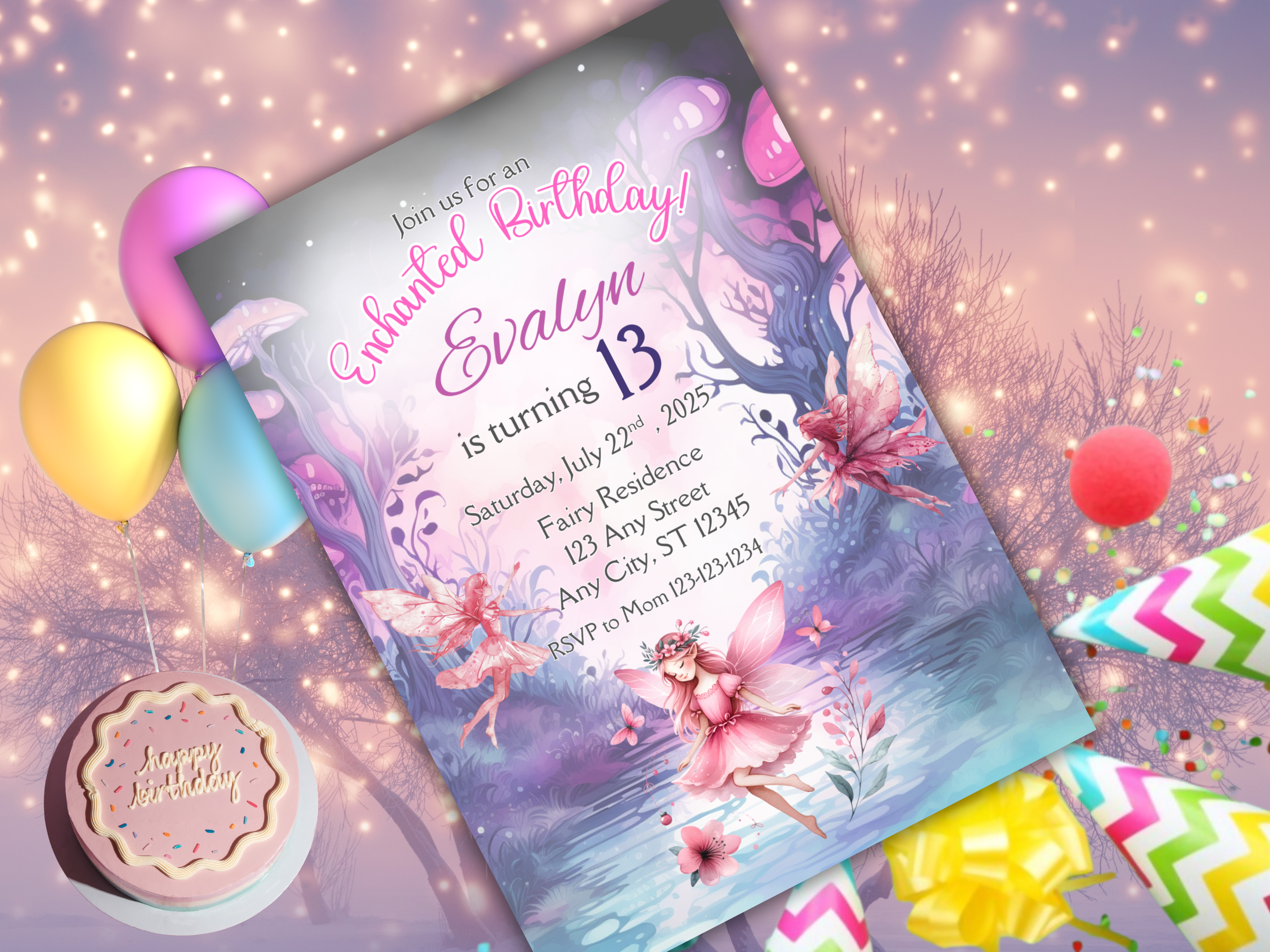 Fairy Birthday Invitation Template for Girls, Editable Canva Invite, Mystical Fairy Woods, Pink & Purple Fairies, 2 Page Instant Download