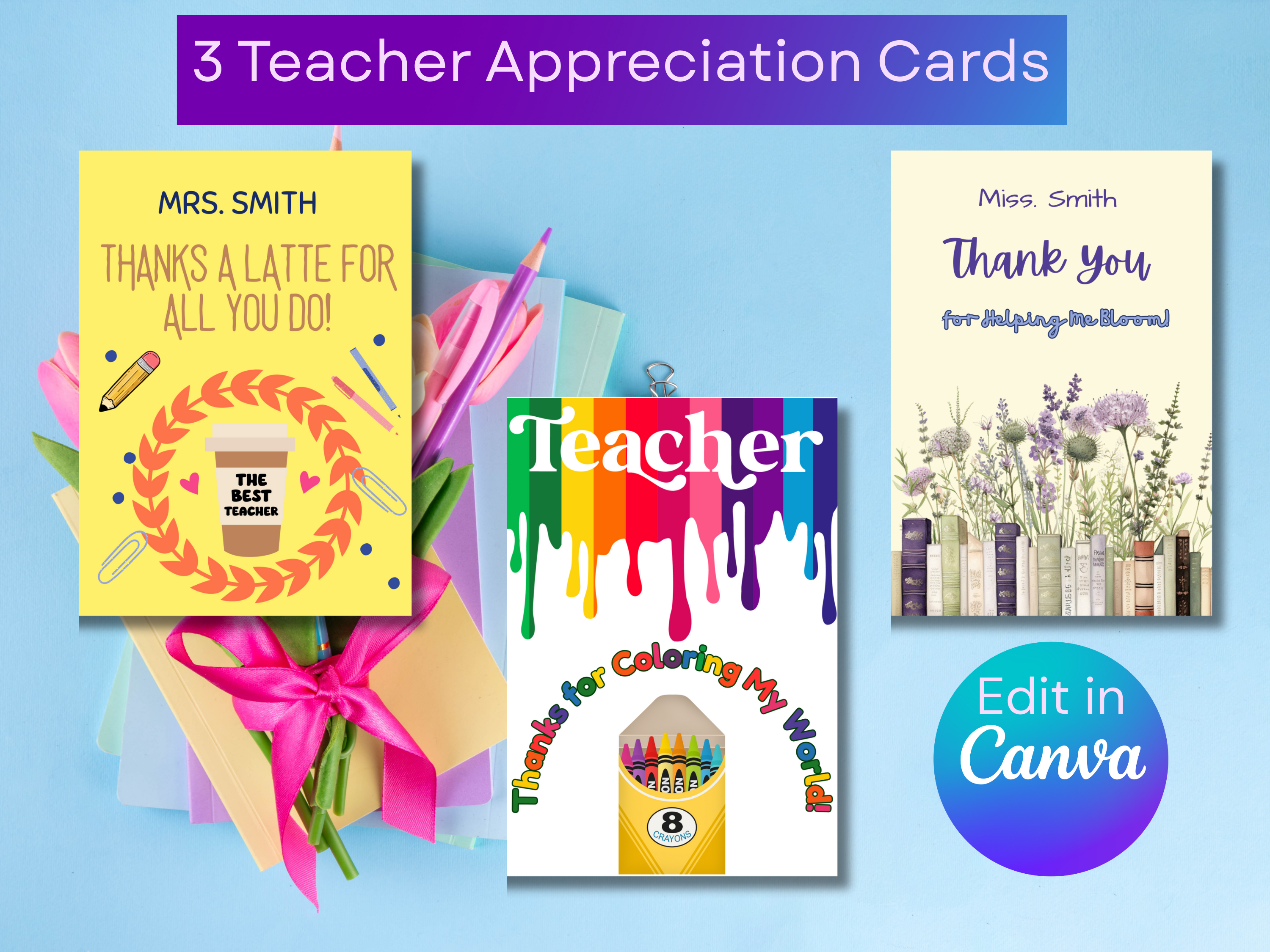 Teacher Appreciation Card Bundle | Editable Canva Folded Cards, Printable 10x7 Templates, Thanks a Latte Bloom & Grow Designs