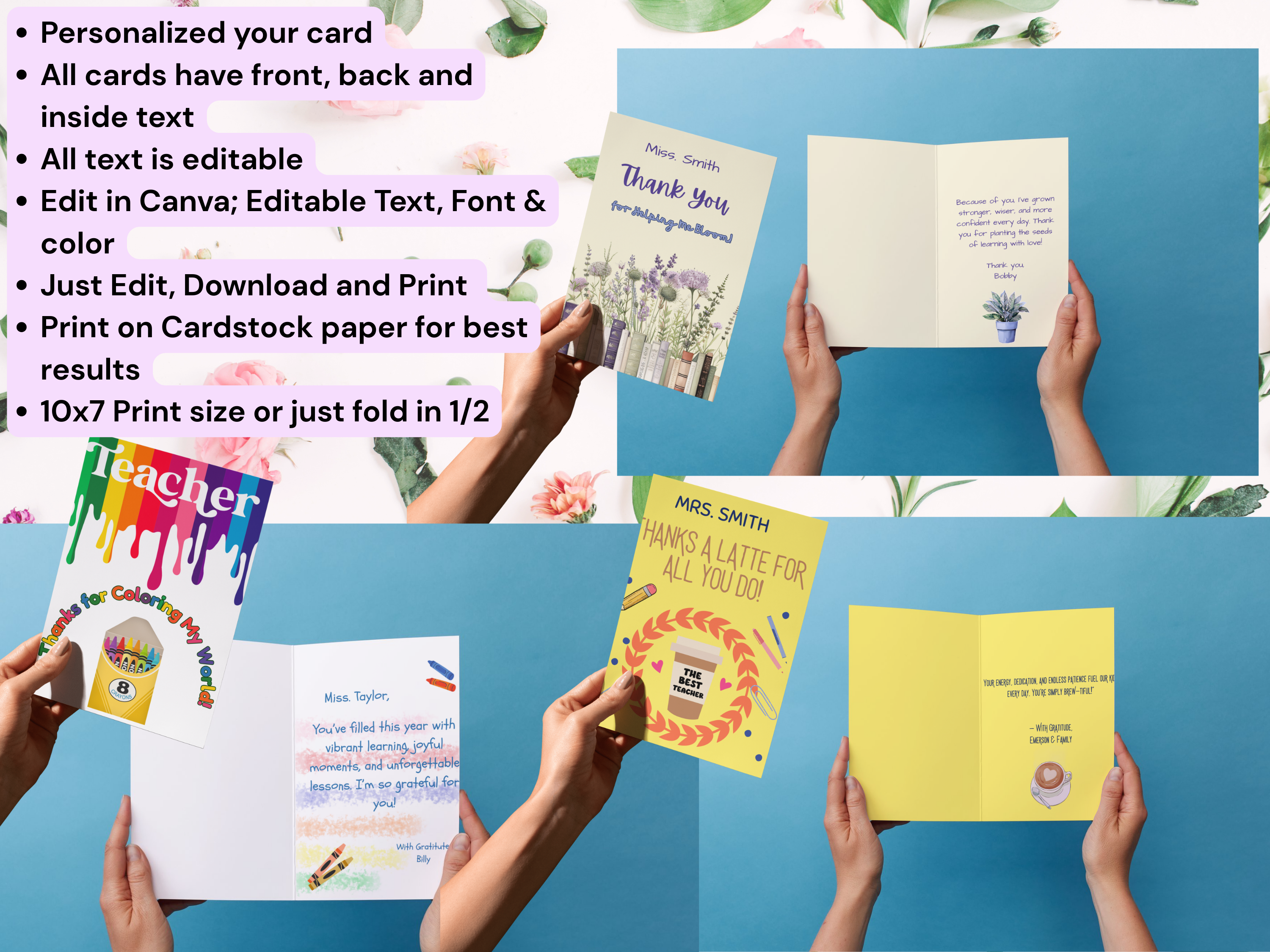 Teacher Appreciation Card Bundle | Editable Canva Folded Cards, Printable 10x7 Templates, Thanks a Latte Bloom & Grow Designs