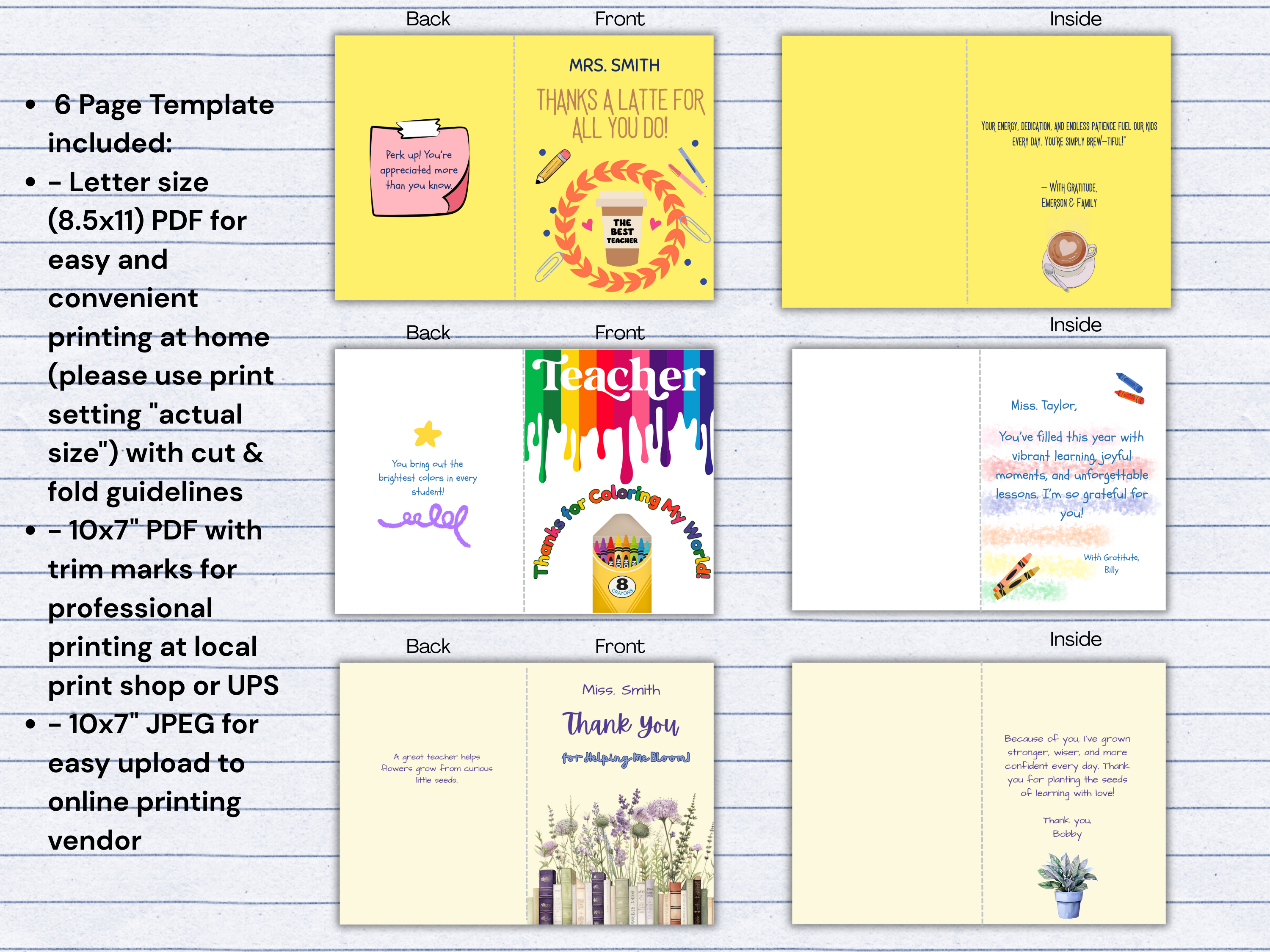 Teacher Appreciation Card Bundle | Editable Canva Folded Cards, Printable 10x7 Templates, Thanks a Latte Bloom & Grow Designs