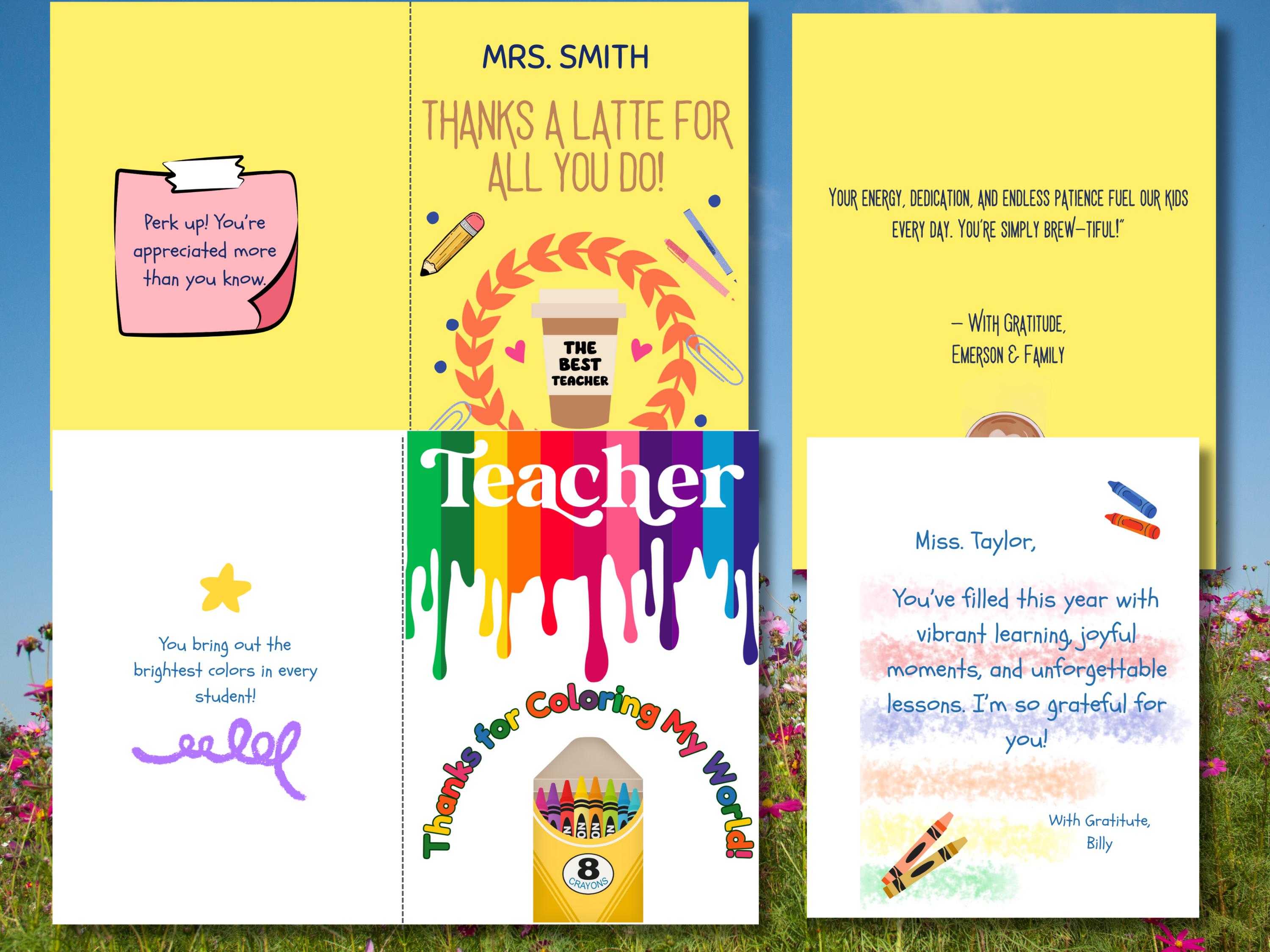 Teacher Appreciation Card Bundle | Editable Canva Folded Cards, Printable 10x7 Templates, Thanks a Latte Bloom & Grow Designs