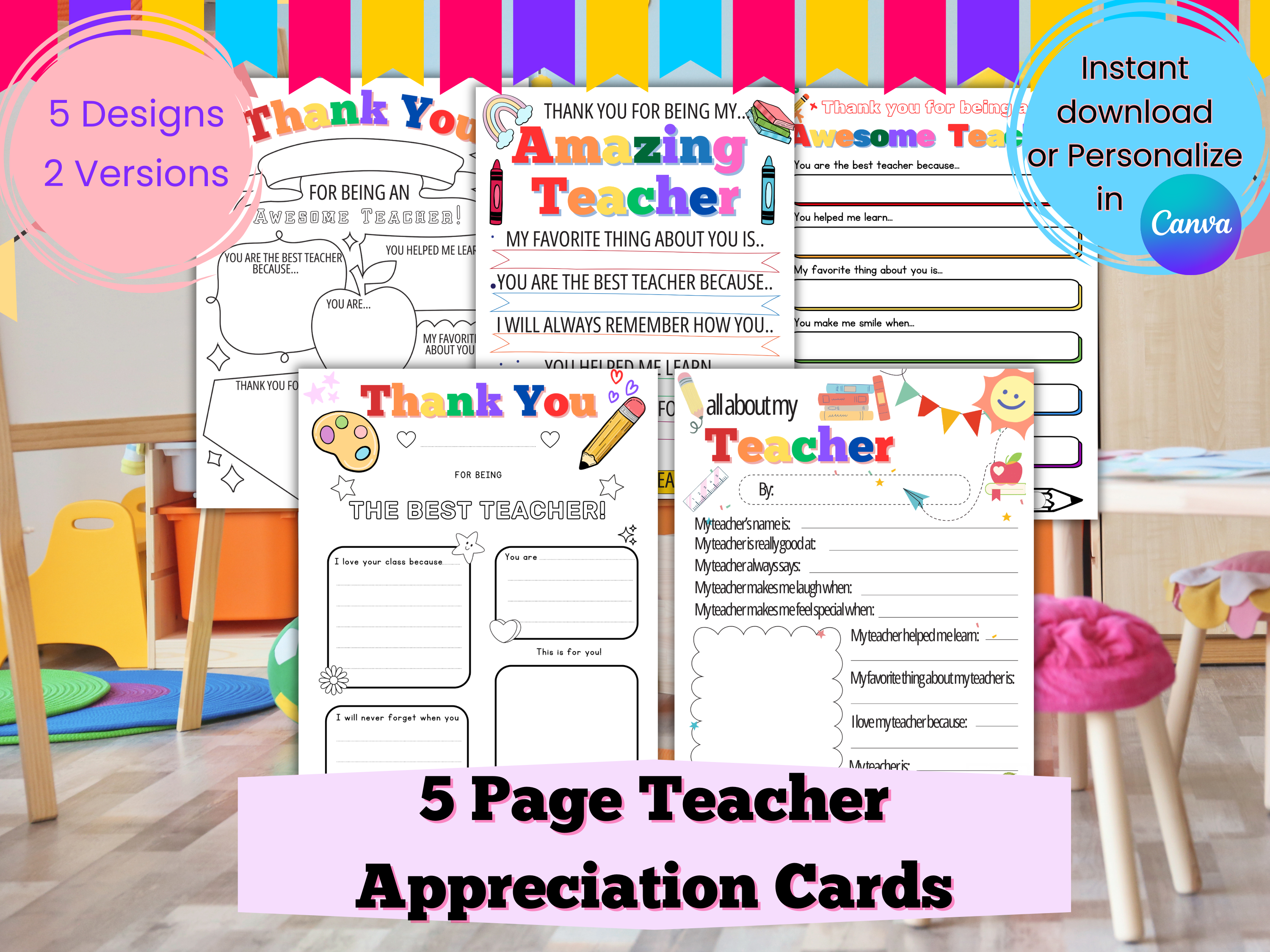 Teacher Appreciation Card Printable | All About My Teacher Coloring Page | Fill in the Blank Thank You Card | Canva Template | Preschool Kids Gift