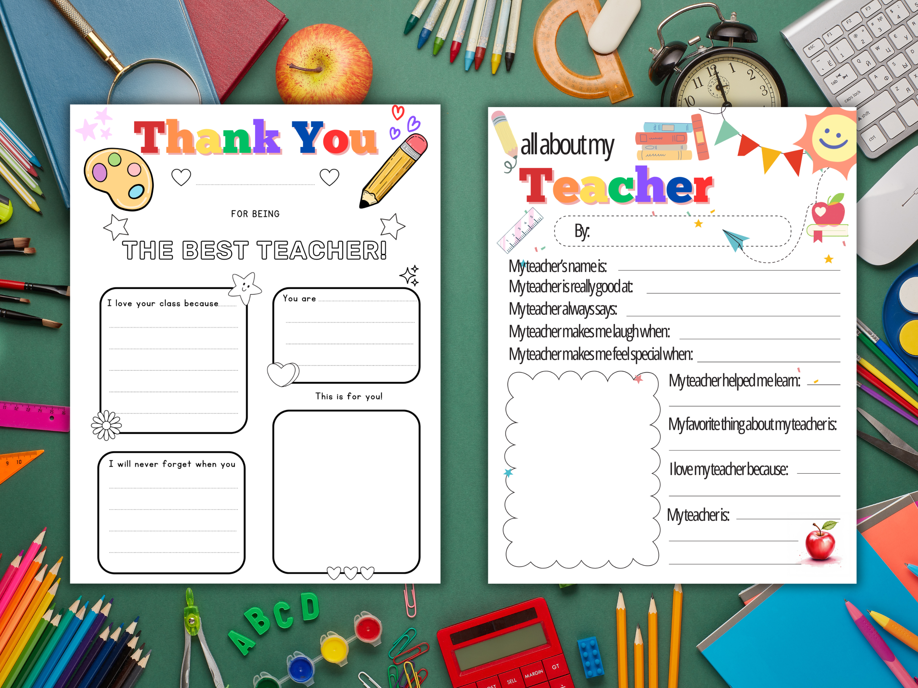 Teacher Appreciation Card Printable | All About My Teacher Coloring Page | Fill in the Blank Thank You Card | Canva Template | Preschool Kids Gift