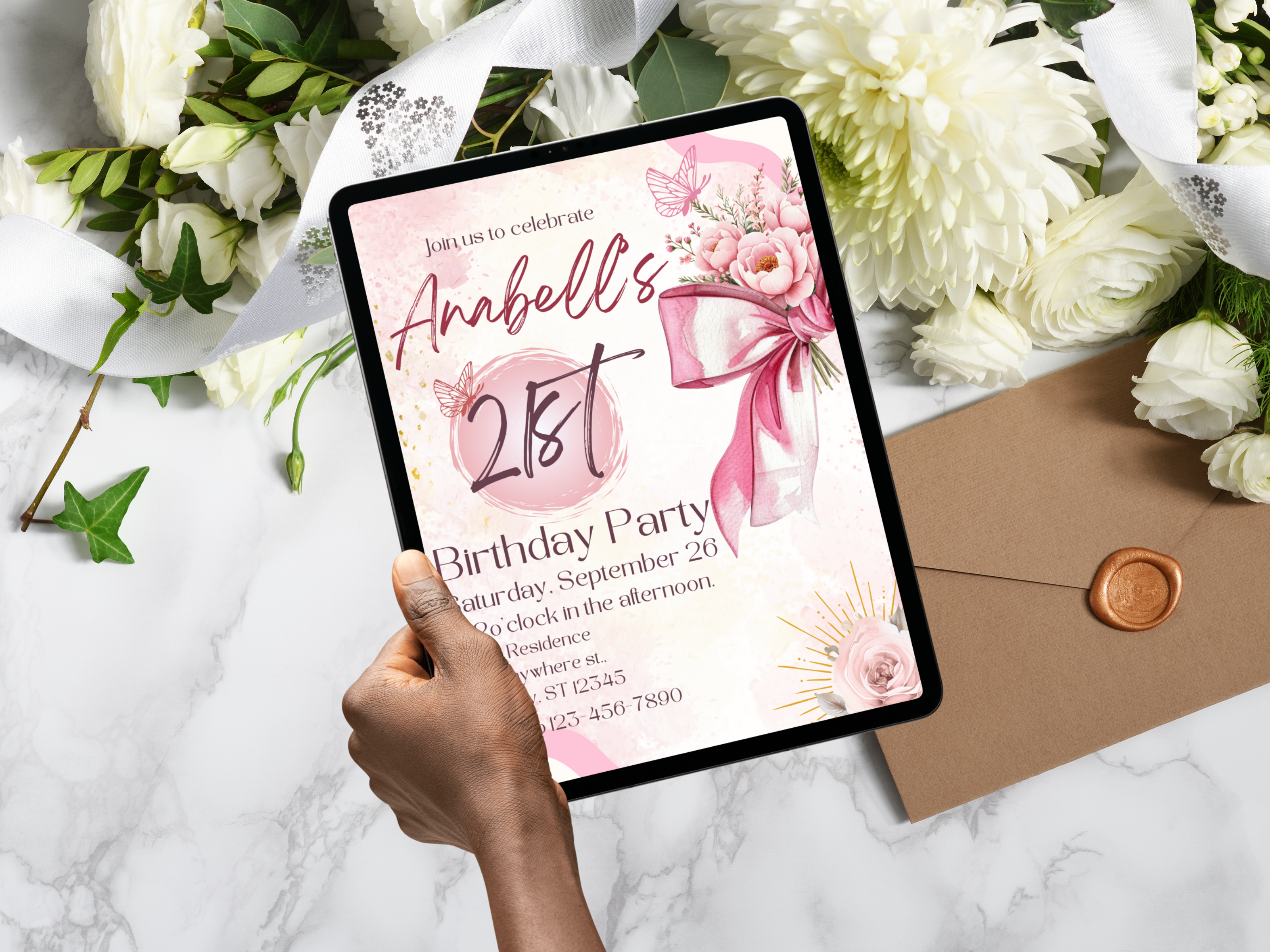 21st Birthday Invitation Template Pink Bow & Rose Editable Canva Digital Download for Girls Front Back 21 Year Old Party Invite