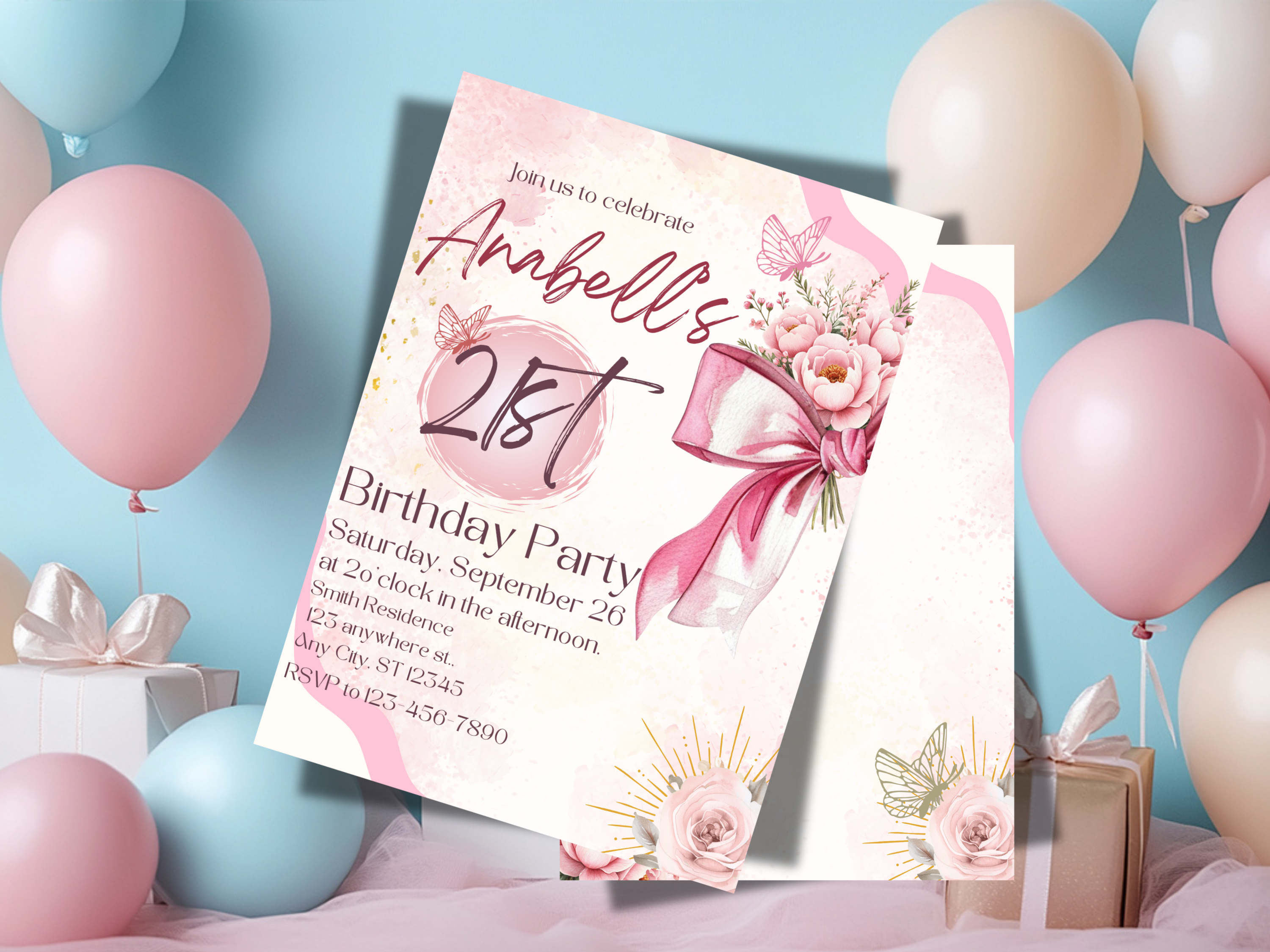 21st Birthday Invitation Template Pink Bow & Rose Editable Canva Digital Download for Girls Front Back 21 Year Old Party Invite