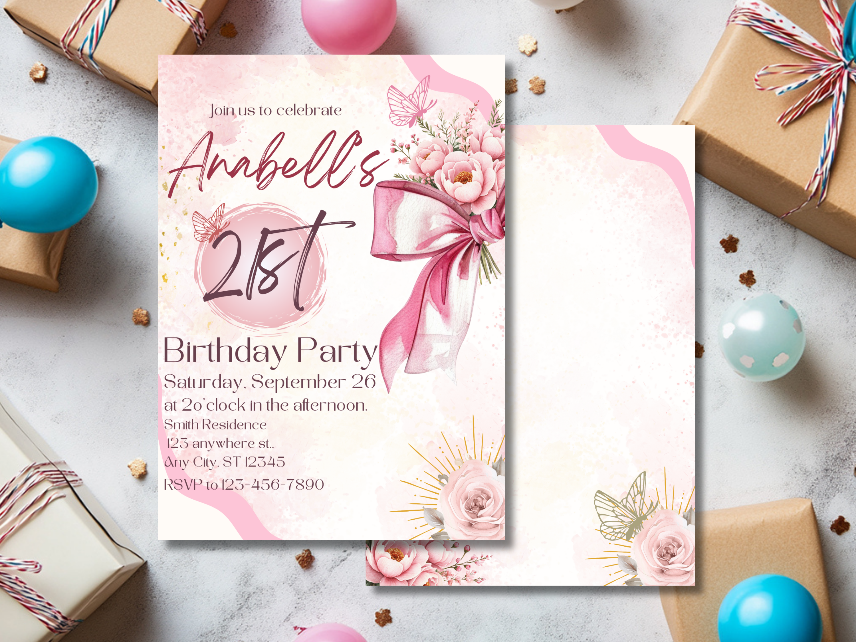 21st Birthday Invitation Template Pink Bow & Rose Editable Canva Digital Download for Girls Front Back 21 Year Old Party Invite