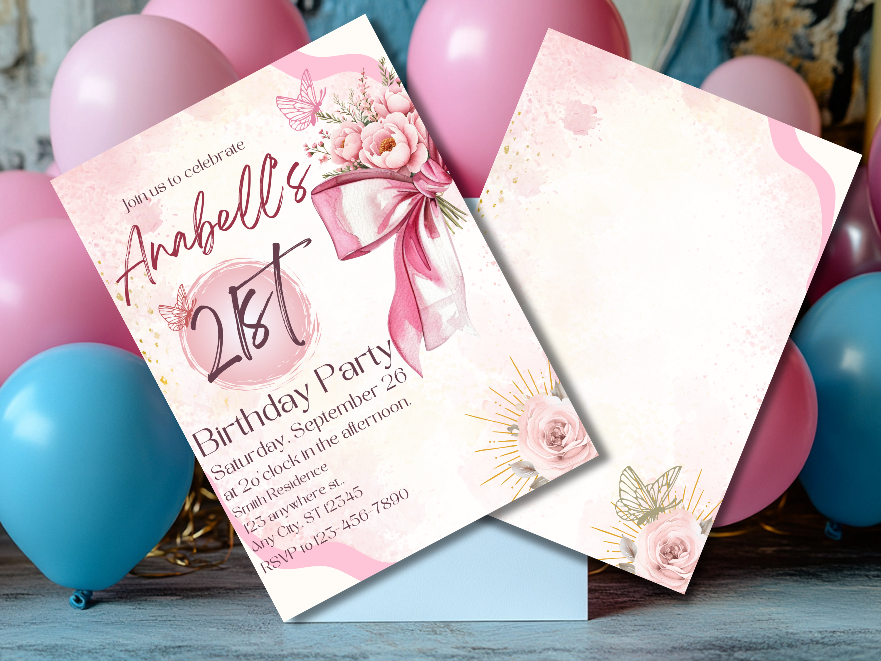 21st Birthday Invitation Template Pink Bow & Rose Editable Canva Digital Download for Girls Front Back 21 Year Old Party Invite