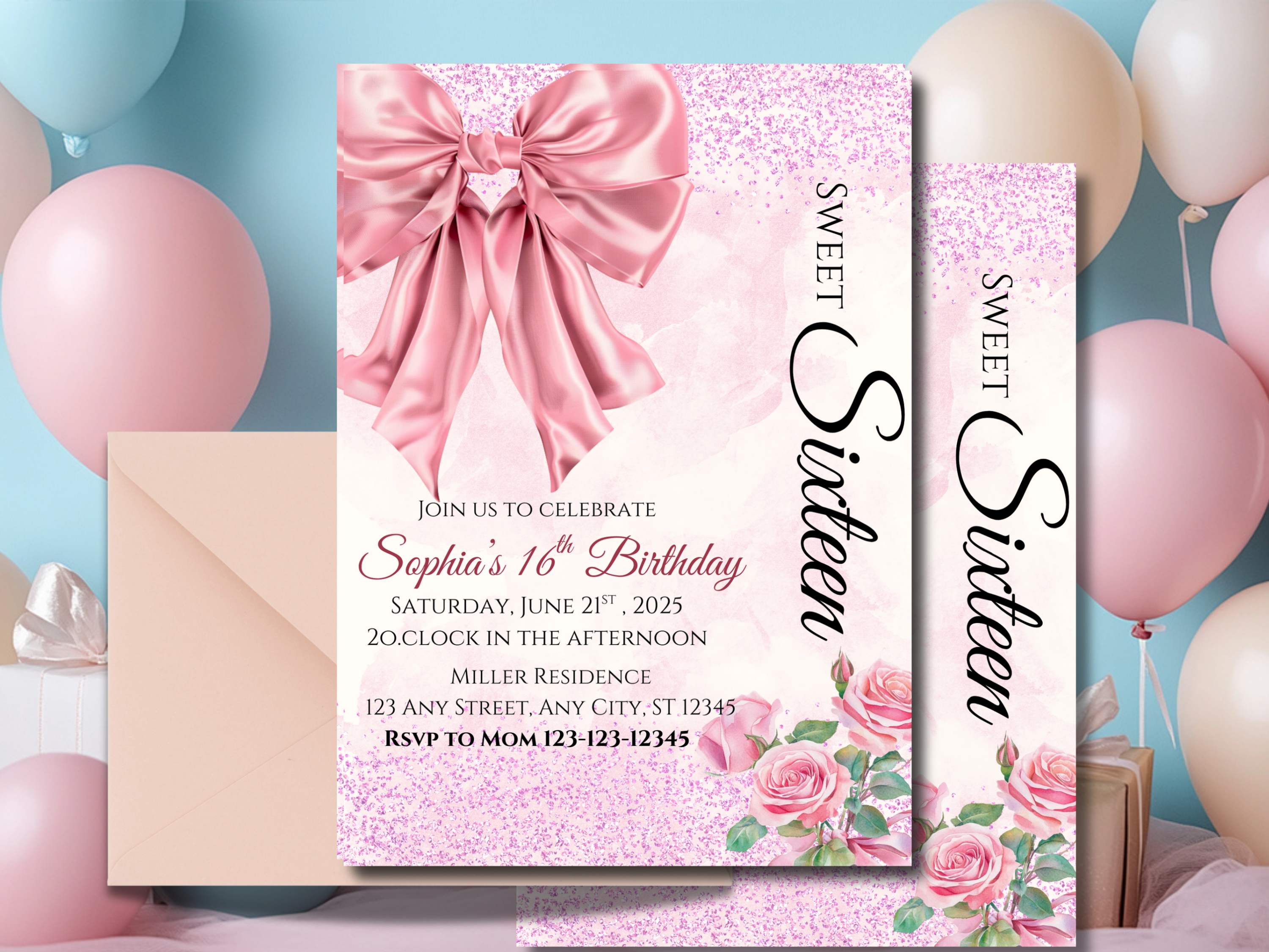 Sweet 16 Birthday Invitation Pink Bow & Rose Elegant Sweet Sixteen Canva Template Editable Girl's 16th Invite Digital Download