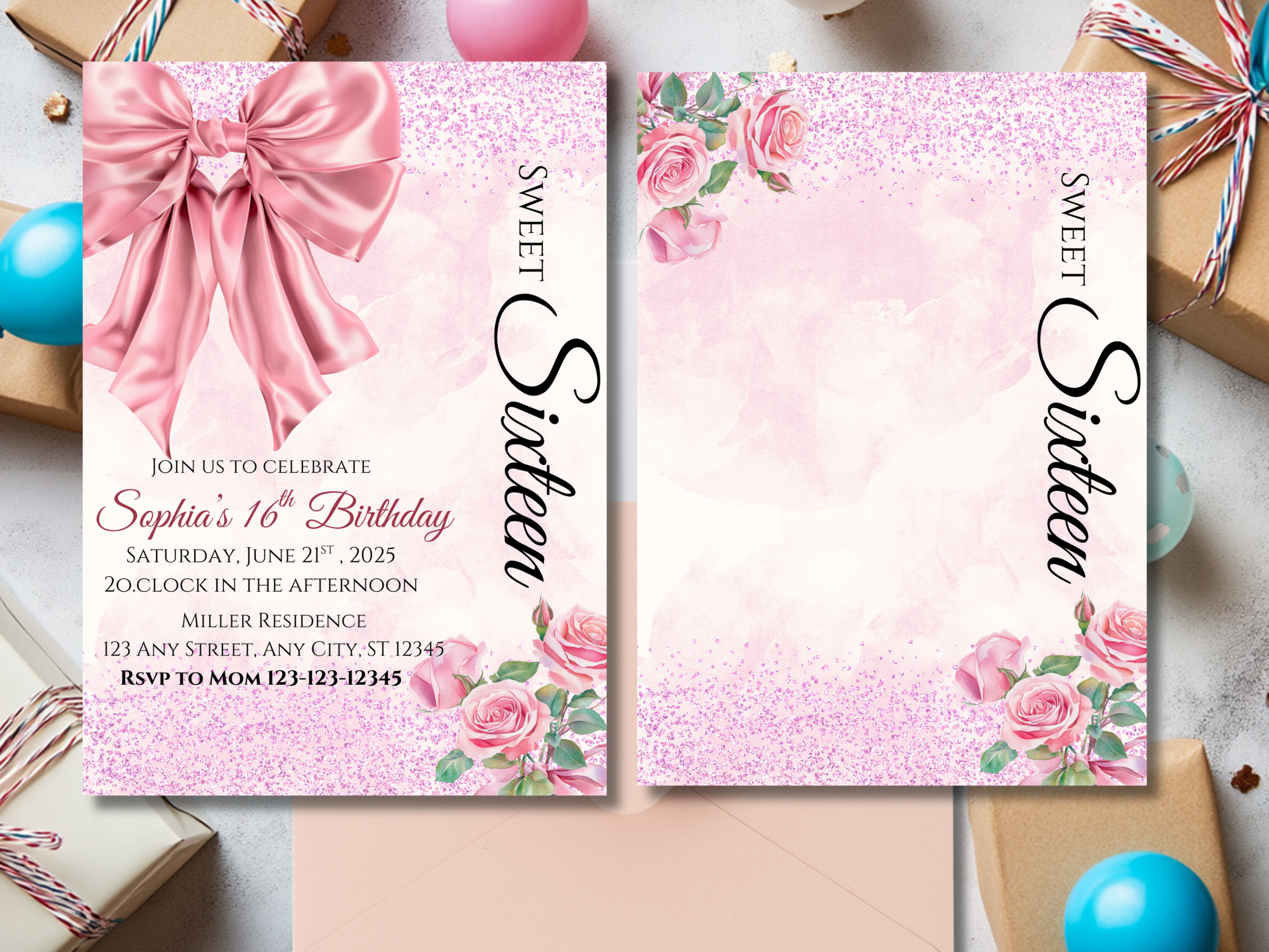Sweet 16 Birthday Invitation Pink Bow & Rose Elegant Sweet Sixteen Canva Template Editable Girl's 16th Invite Digital Download