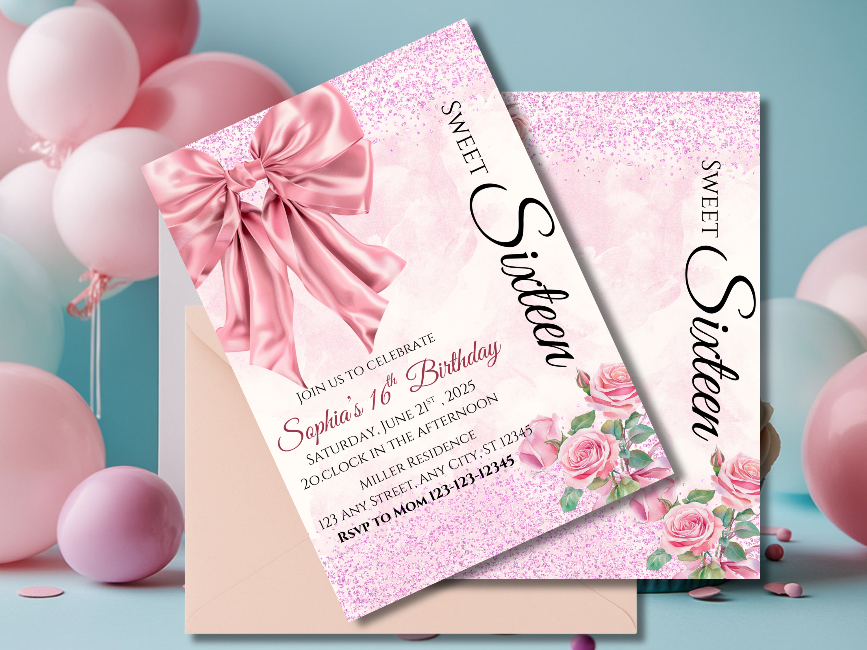 Sweet 16 Birthday Invitation Pink Bow & Rose Elegant Sweet Sixteen Canva Template Editable Girl's 16th Invite Digital Download