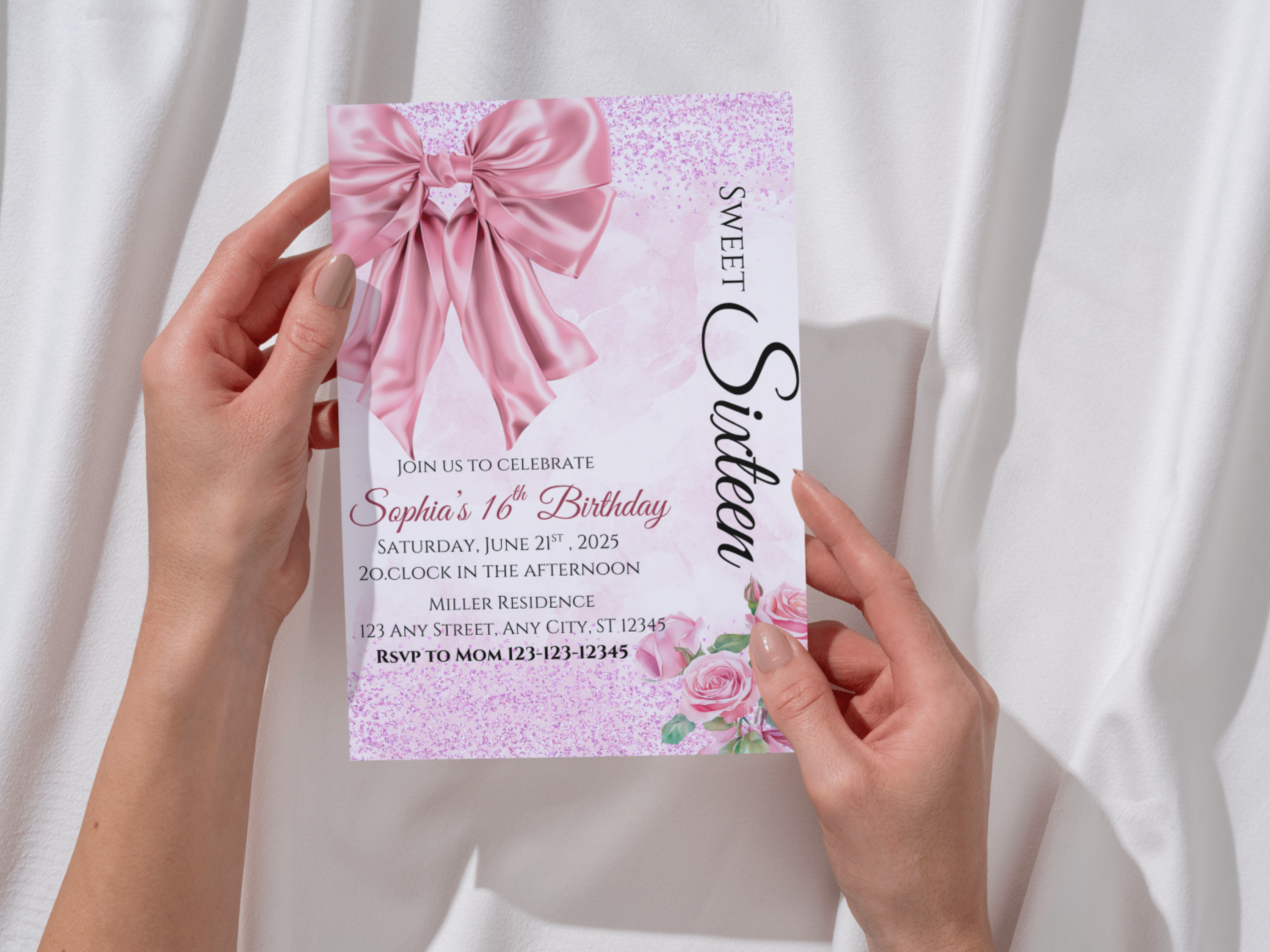 Sweet 16 Birthday Invitation Pink Bow & Rose Elegant Sweet Sixteen Canva Template Editable Girl's 16th Invite Digital Download