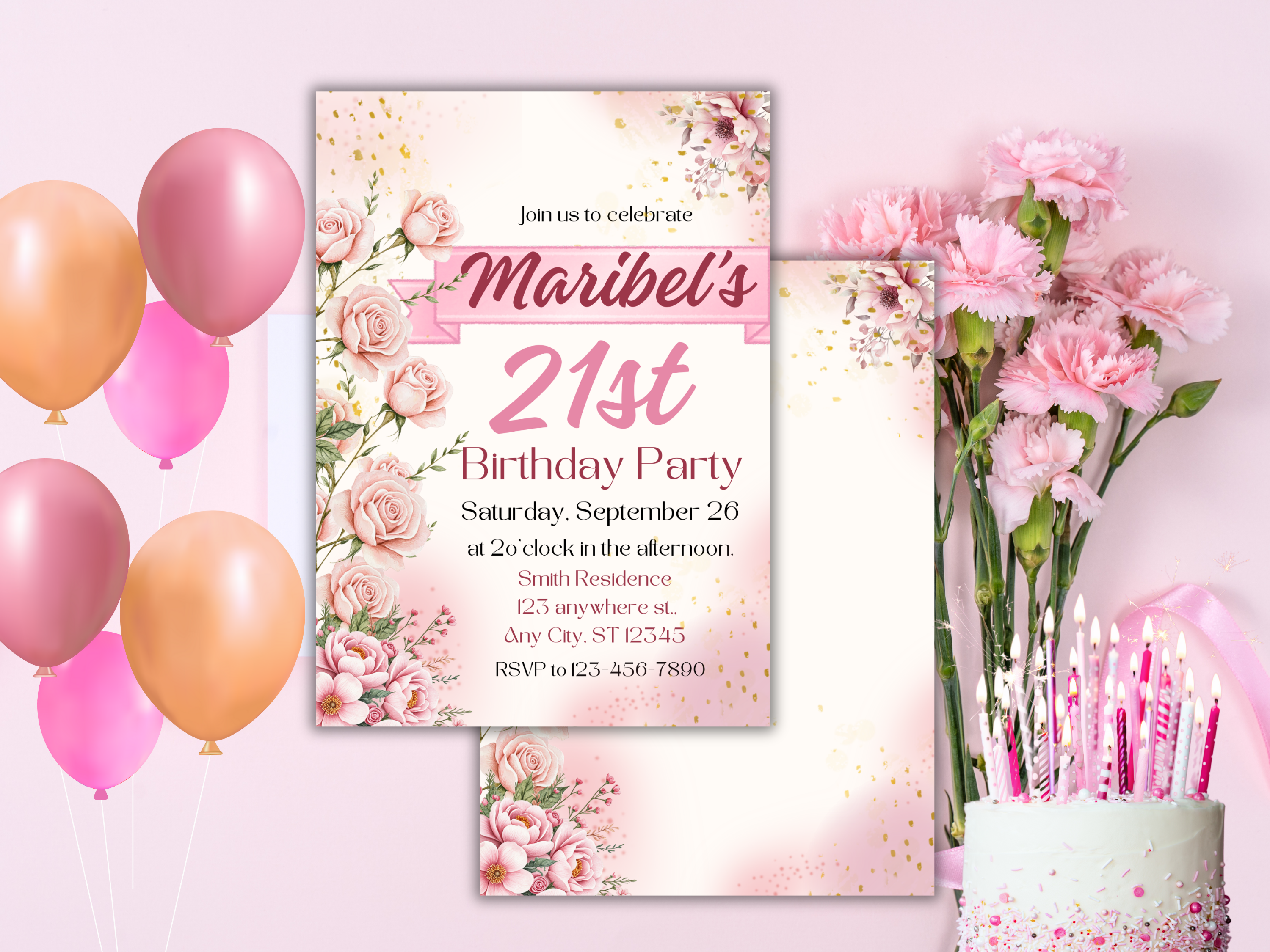 Blush Rose 21st Birthday Invitation Template | Elegant Floral Digital Invite for Milestone Celebration & Printable Party Card