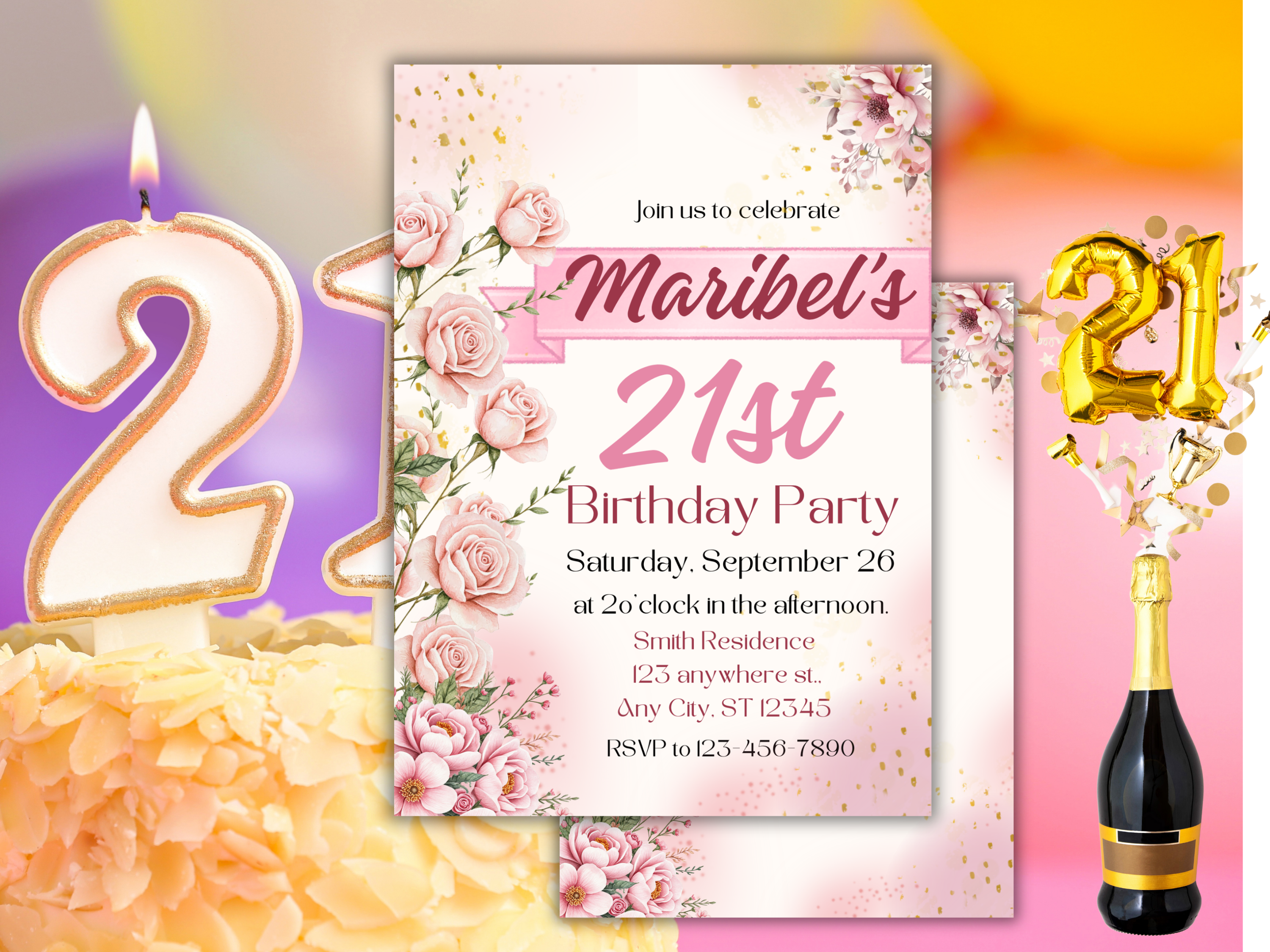 Blush Rose 21st Birthday Invitation Template | Elegant Floral Digital Invite for Milestone Celebration & Printable Party Card