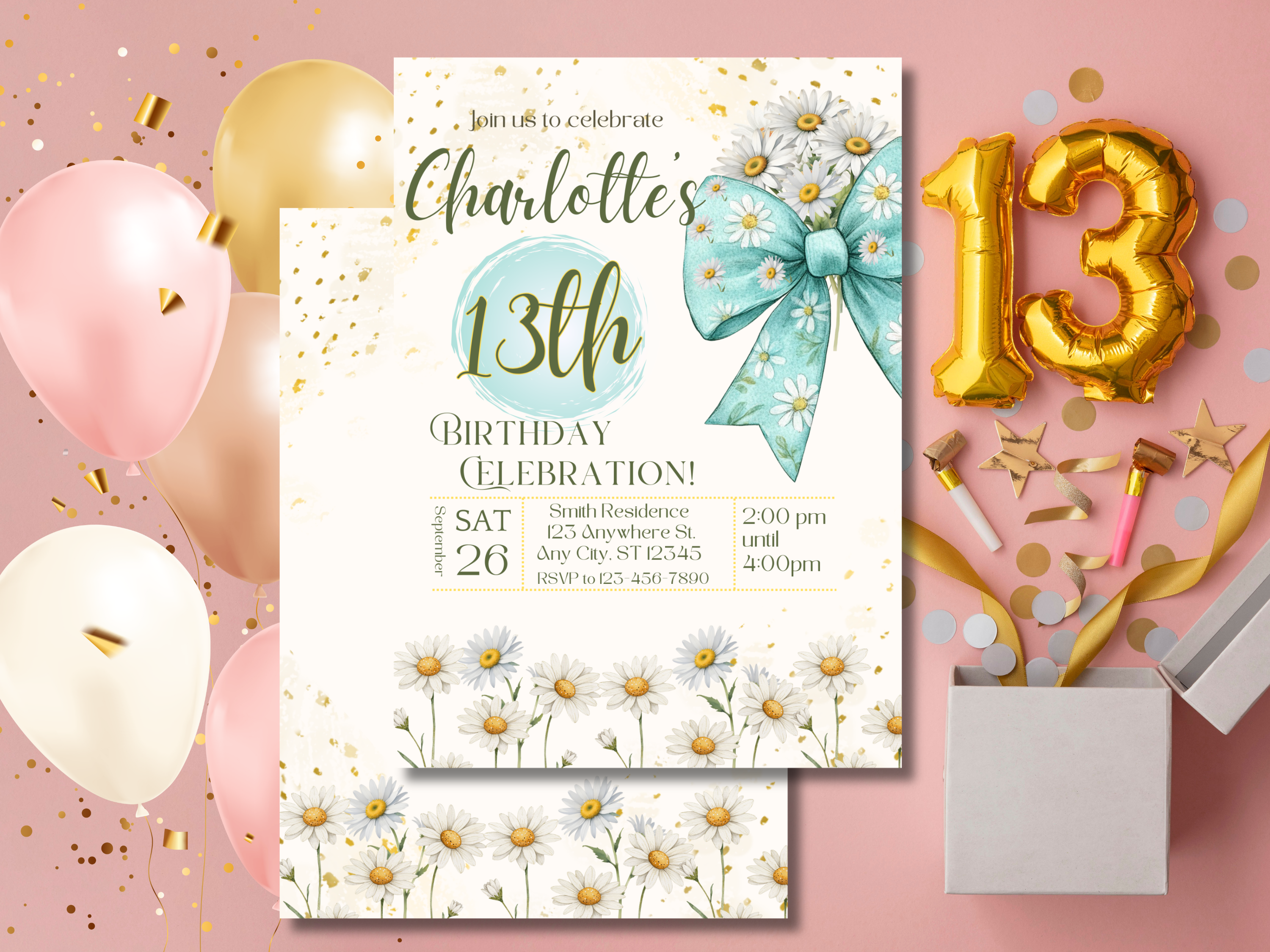 13th Birthday Invitation Girl Canva Template, Editable Daisy Bow Floral Tween Party Invite, Printable Teen Girl Birthday Card Download